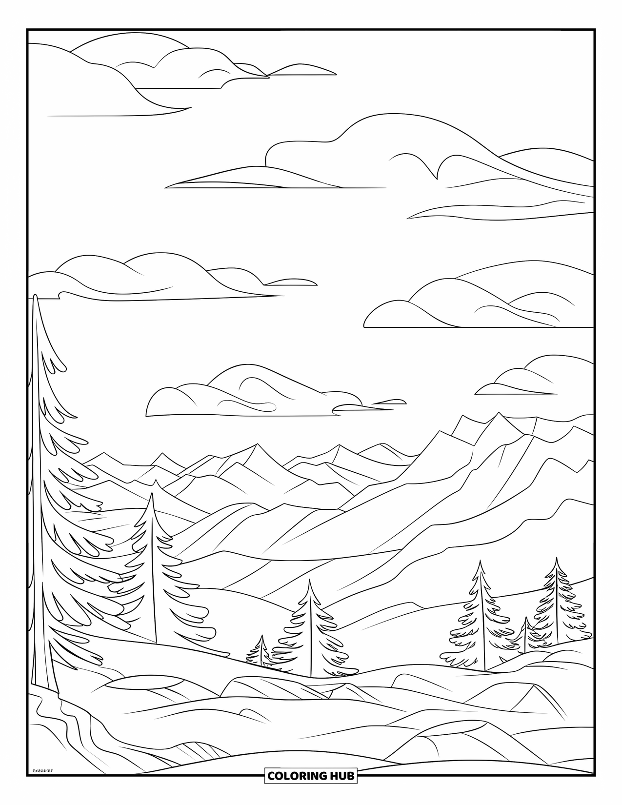 Mindfulness Coloring Page for Kids: Mountains and valleys stretch across the scene with peaceful pine trees and billowing clouds