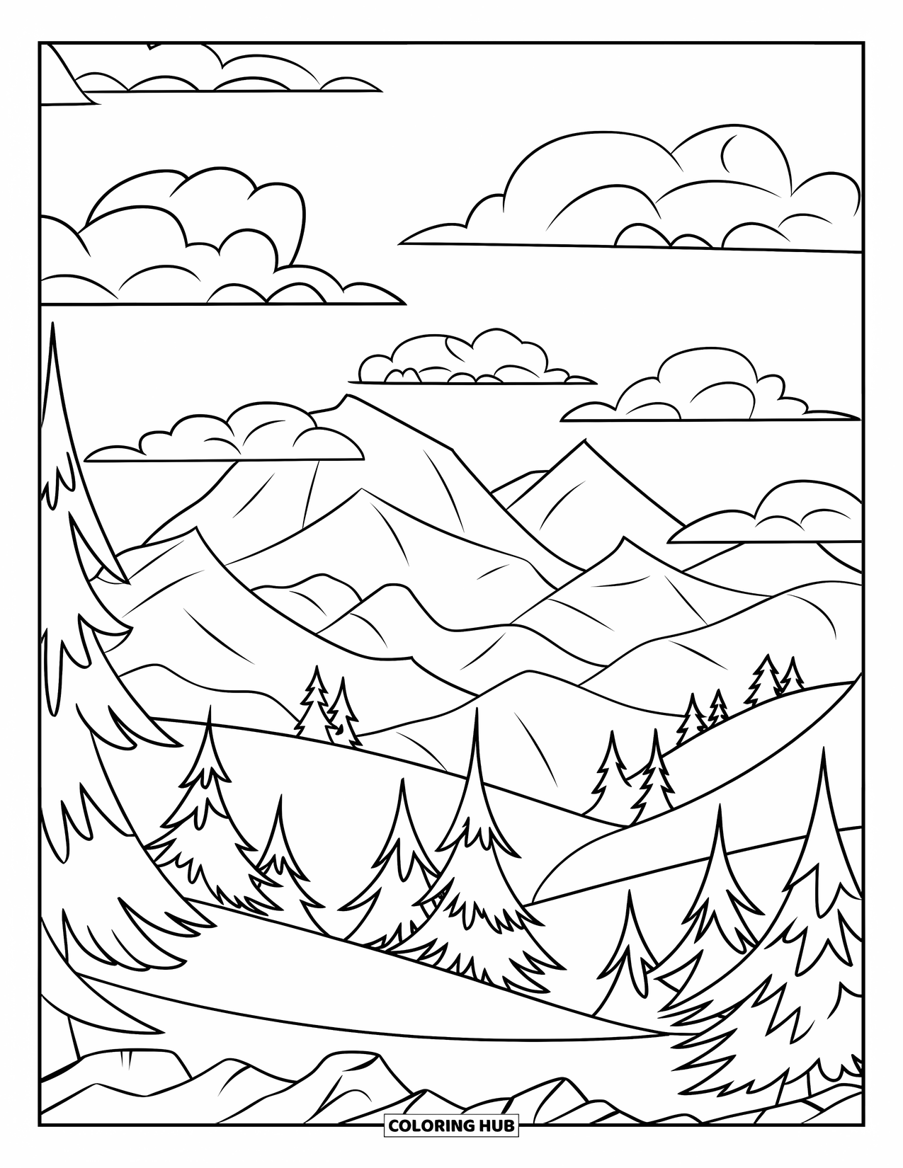 Mindfulness Coloring Page for Kids: Three mountains rise with pine trees on their slopes under a sky filled with soft clouds