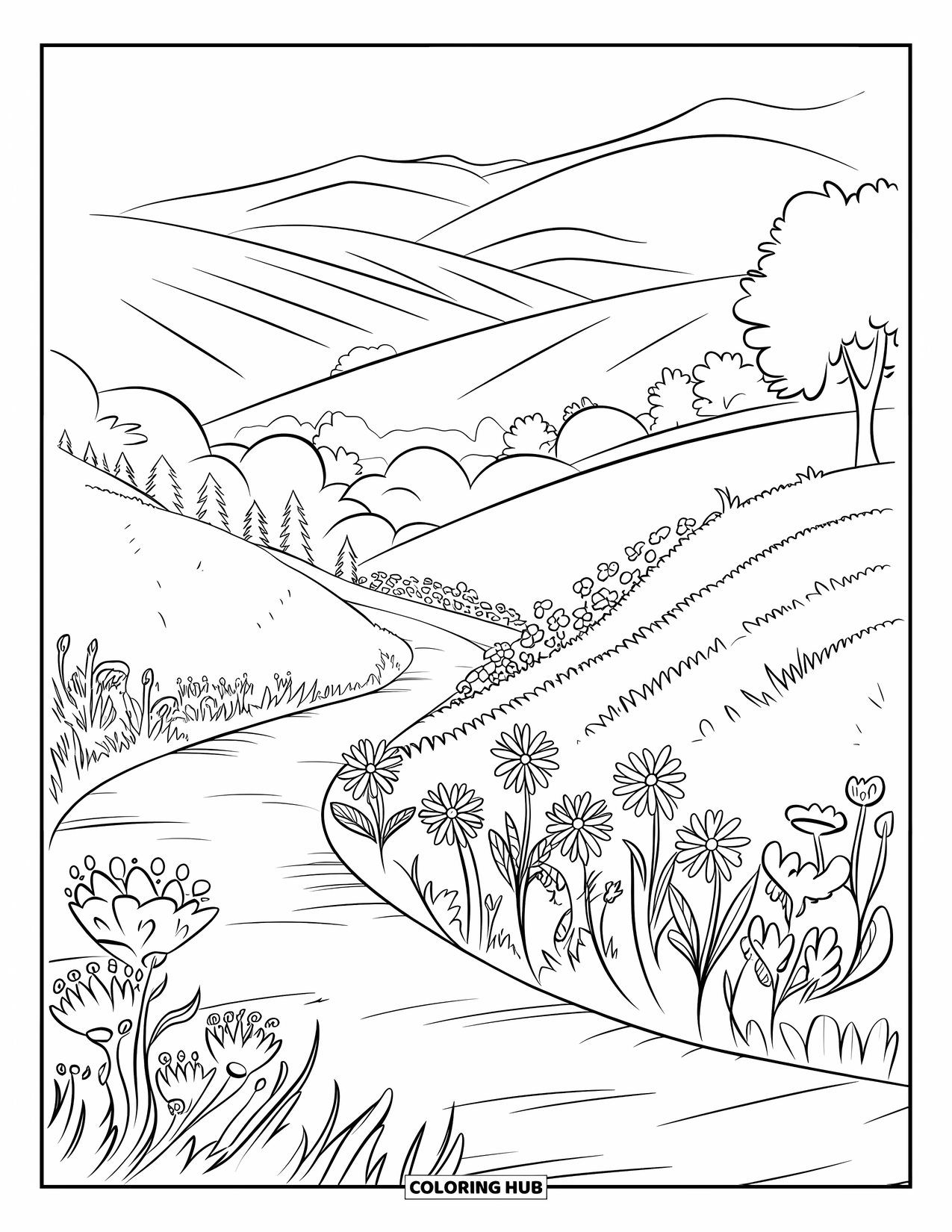 Mindfulness Coloring Page for Kids: Wildflowers bloom along a winding path through rolling hills and distant mountains