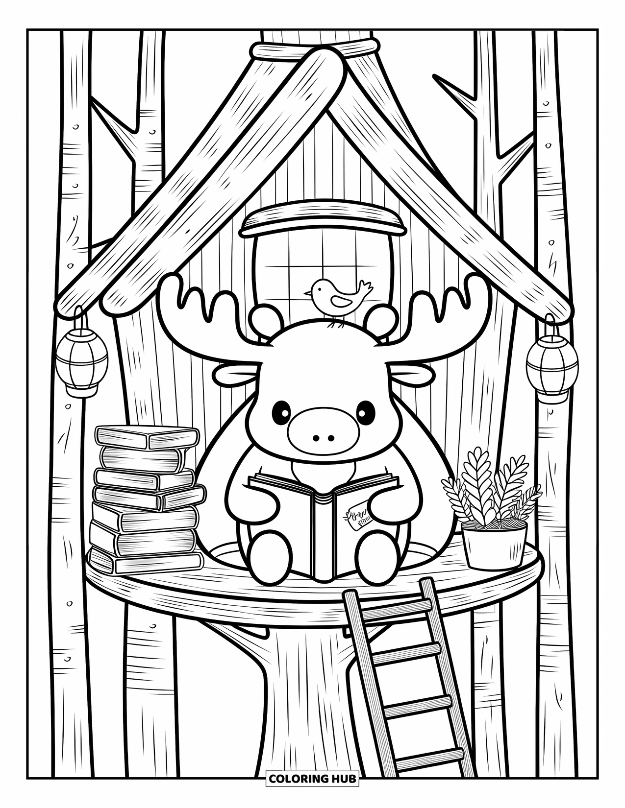 Moose Coloring Page for Adults: Book-loving moose relaxes in a treehouse as a bird perches on its antlers