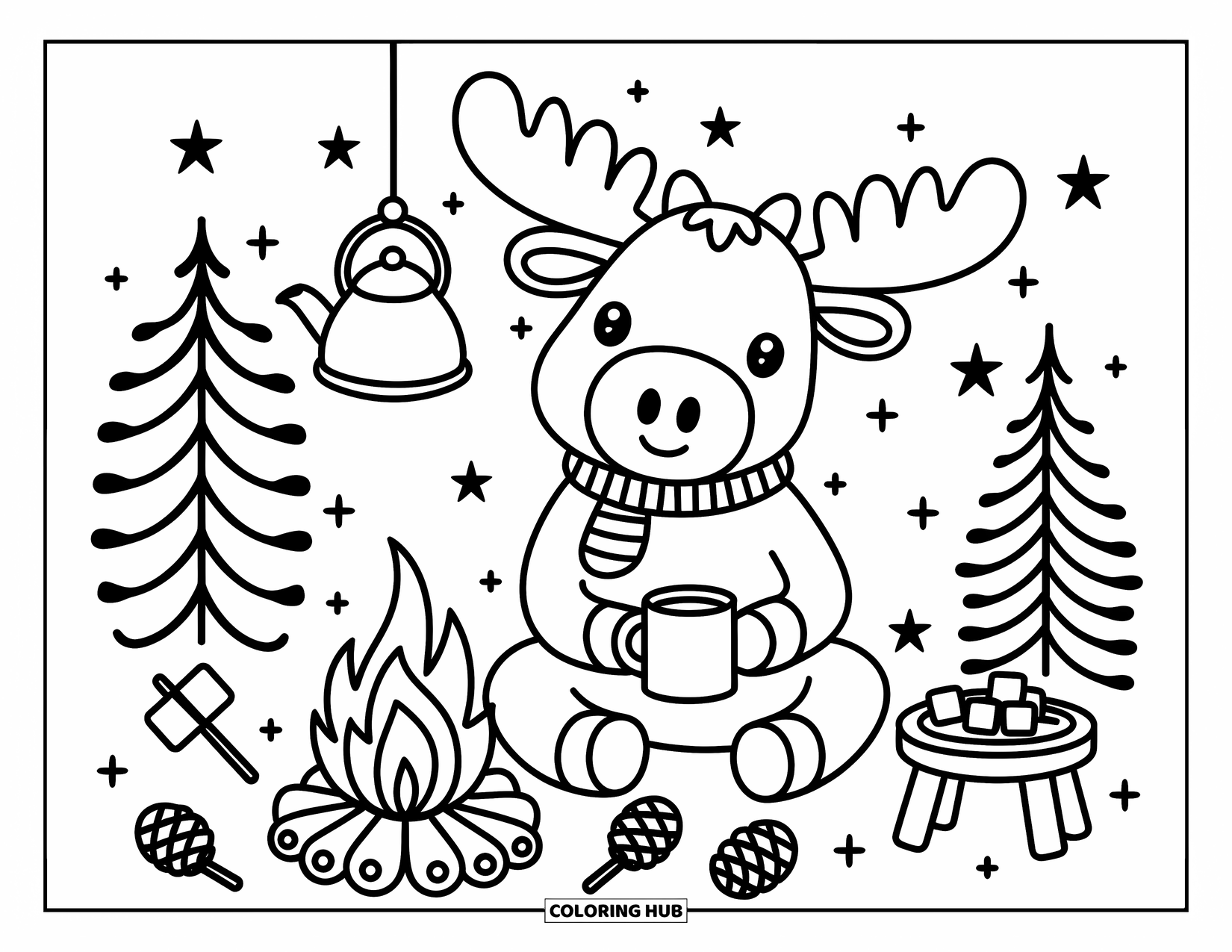 Moose Coloring Page for Adults: Cozy moose with a scarf enjoys a warm drink beside a tiny campfire