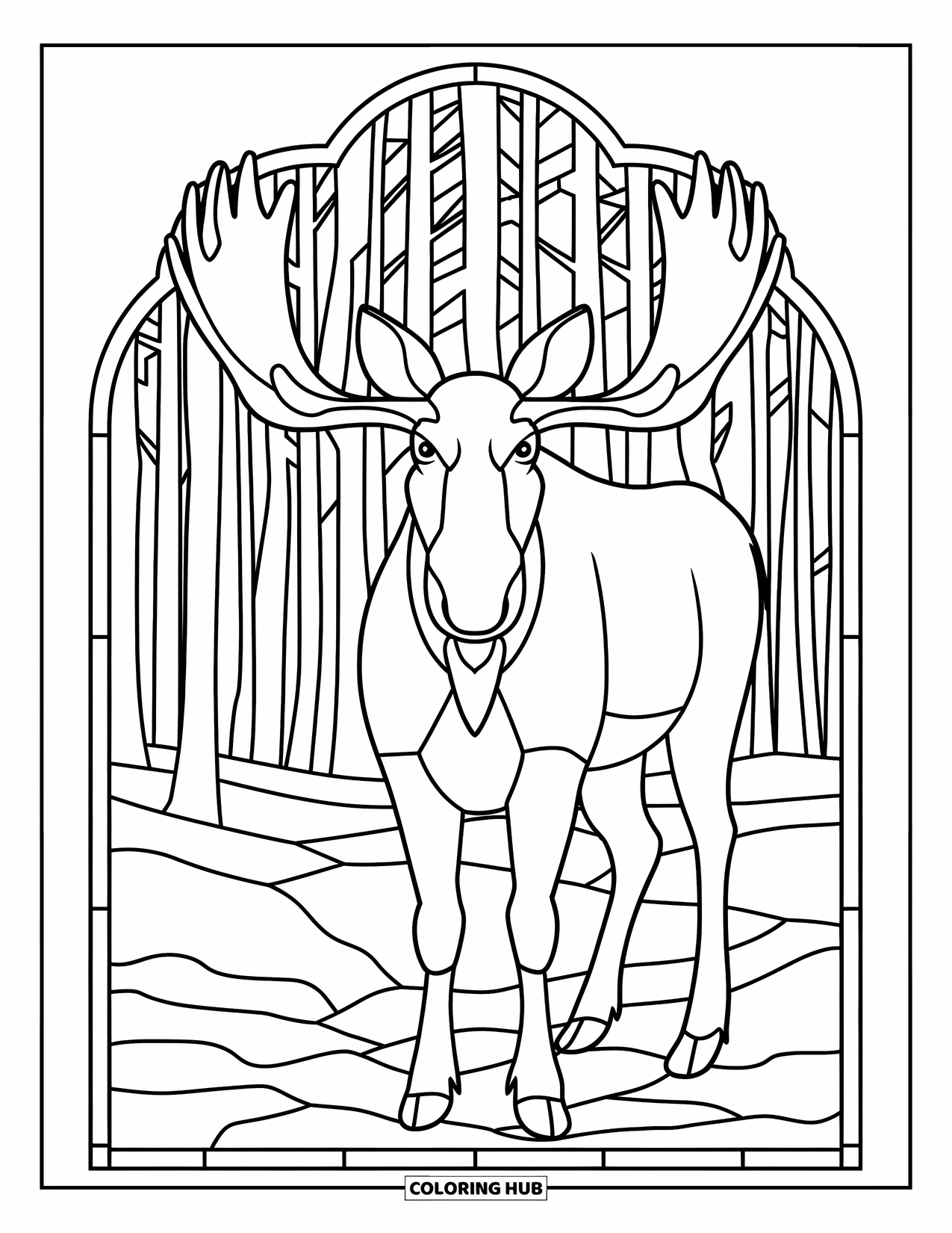Moose Coloring Page for Adults: Front-facing moose stands calm in a forest stained glass pattern