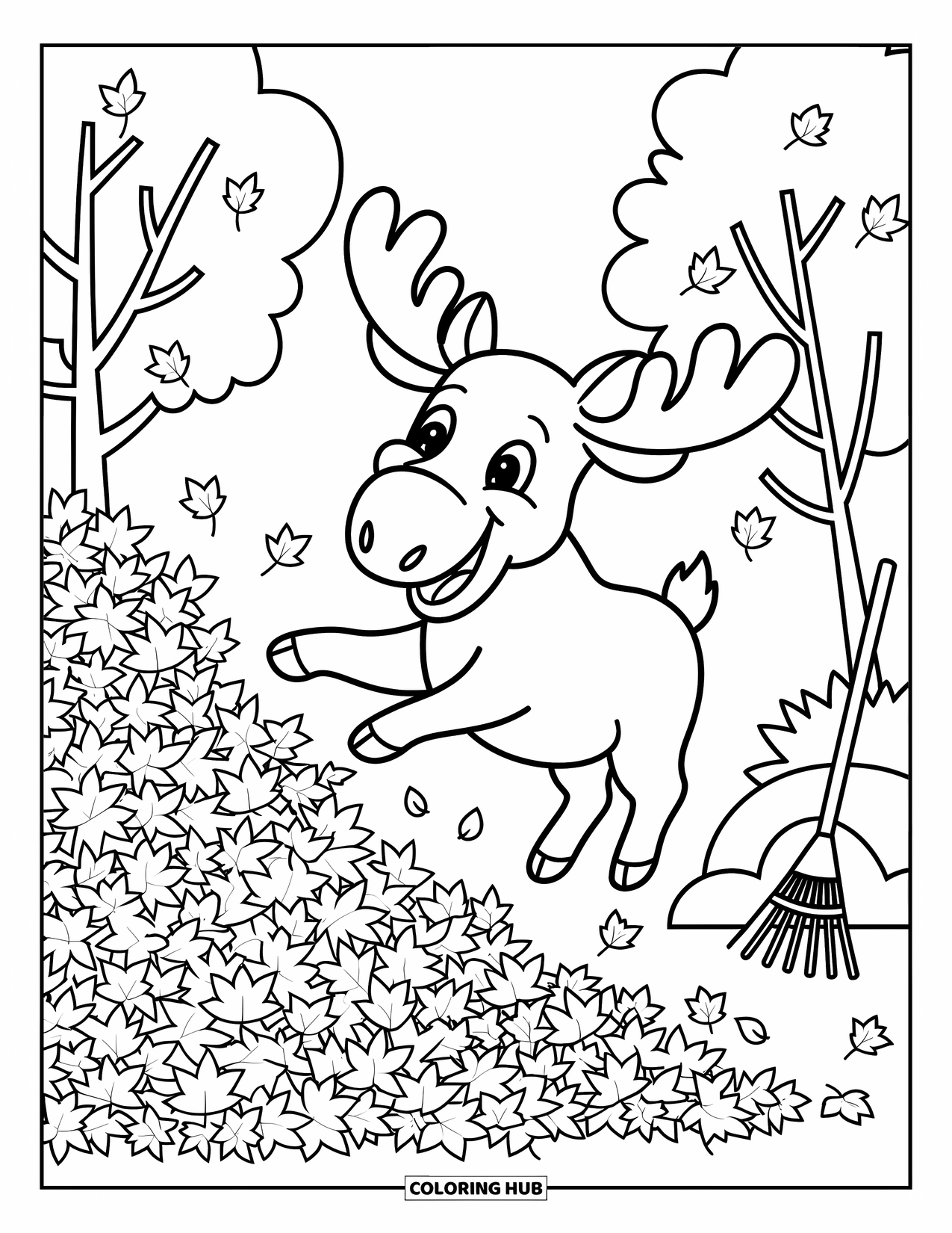 Moose Coloring Page for Adults: Joyful moose jumps into a big pile of leaves on a crisp autumn day