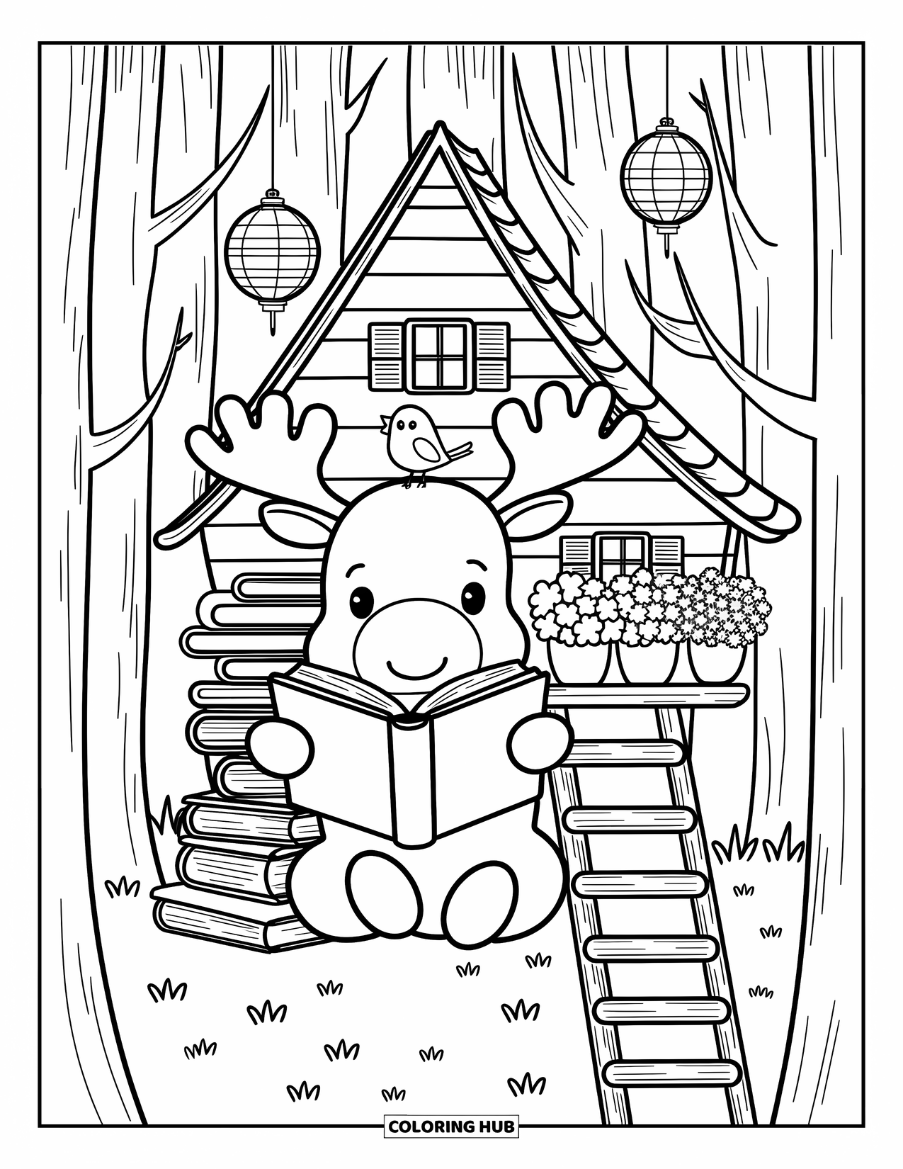 Moose Coloring Page for Adults: Moose reads in a cozy treehouse filled with books, plants, and hanging lanterns