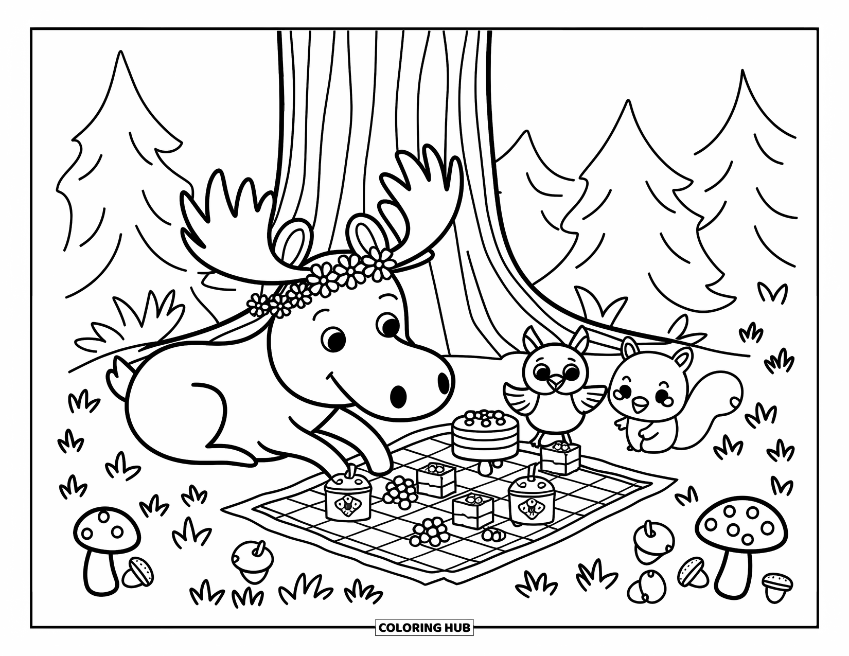 Moose Coloring Page for Adults: Moose shares a forest picnic with a squirrel and bird under a tall tree