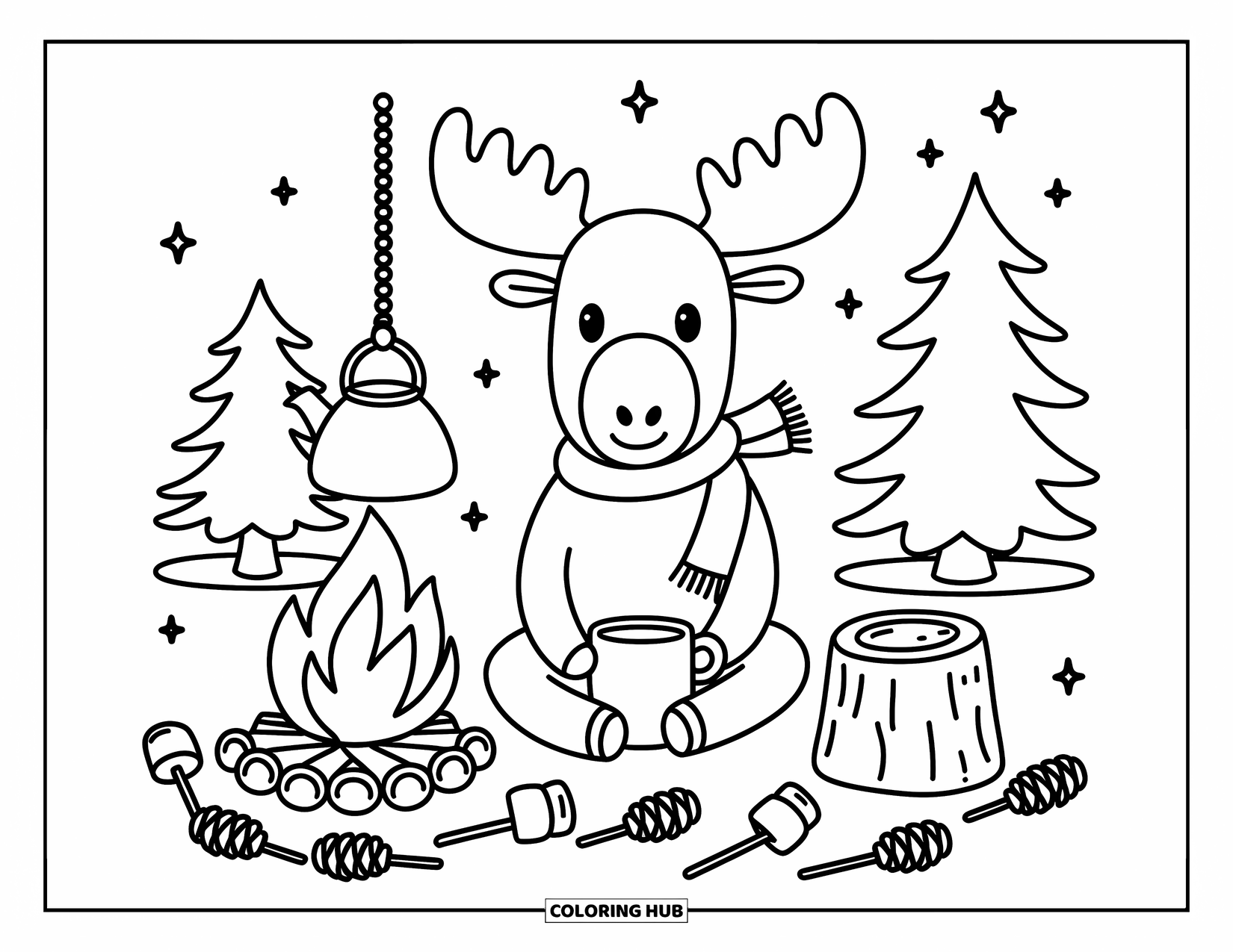 Moose Coloring Page for Adults: Moose sits by a campfire, sipping from a mug under stars and pine trees