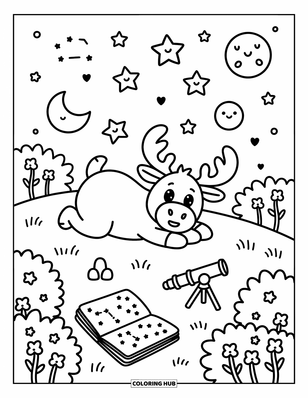 Moose Coloring Page for Adults: Moose stargazes from a hill with a telescope and a doodled notebook nearby