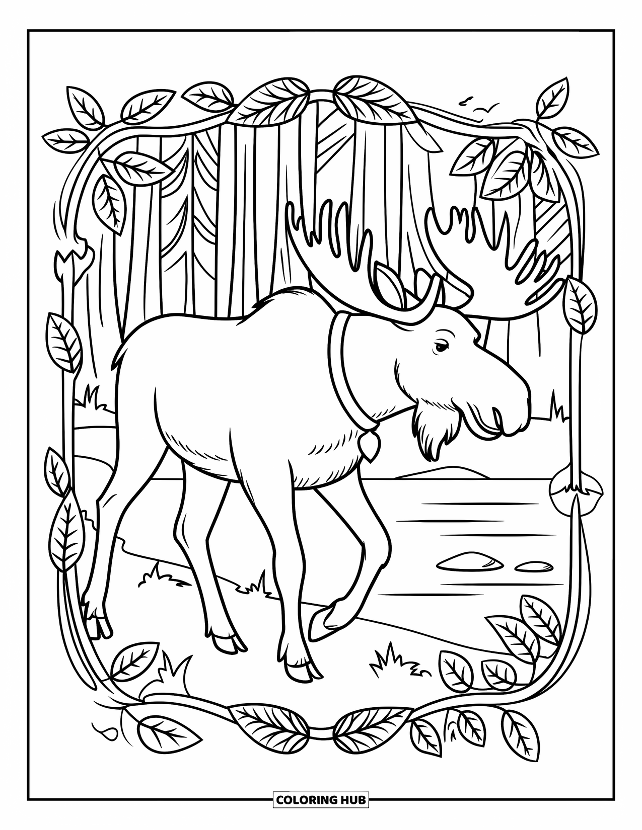 Moose Coloring Page for Adults: Moose with a collar walks beside a lake, framed by forest symbols