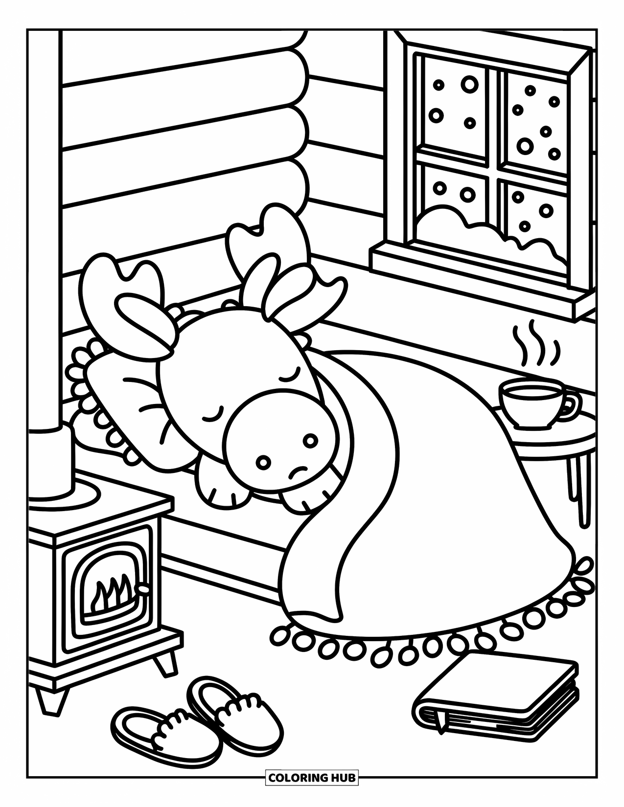 Moose Coloring Page for Adults: Wrapped in a blanket, moose naps inside a cozy cabin with snow outside