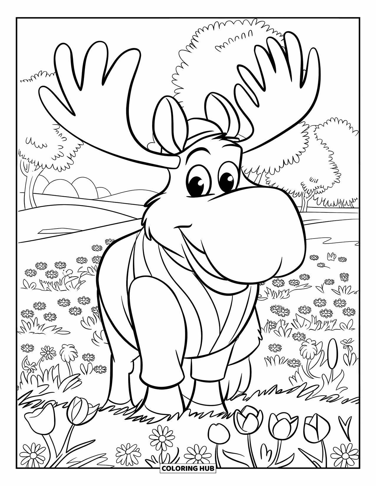 Moose Coloring Page for Kids: A cheerful moose in a striped shirt and hat stands in a field of mixed flowers