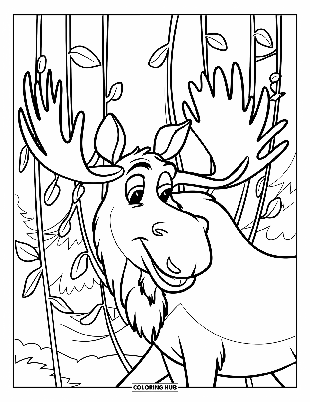 Moose Coloring Page for Kids: A happy moose with tangled antlers stands in a leafy forest scene