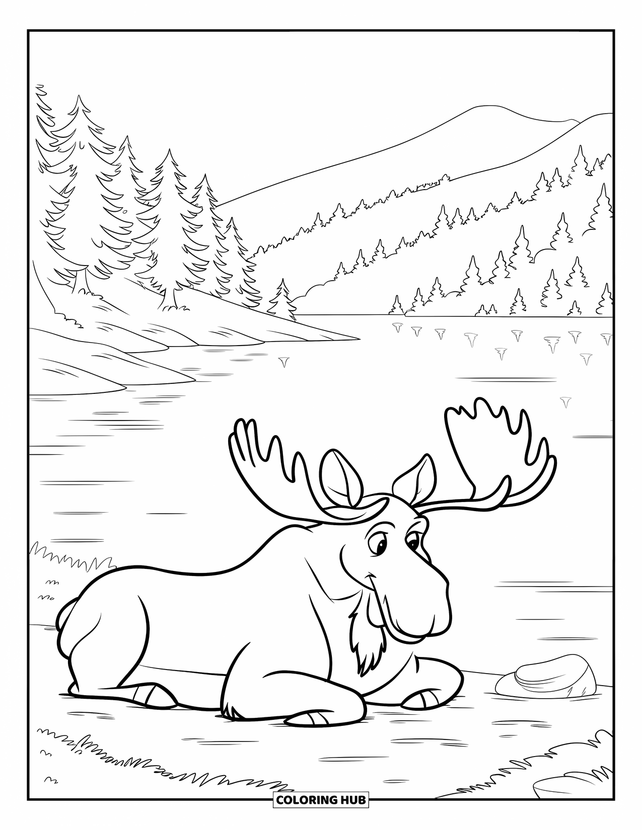 Moose Coloring Page for Kids: A moose rests beside a calm lake with pine trees and hills around