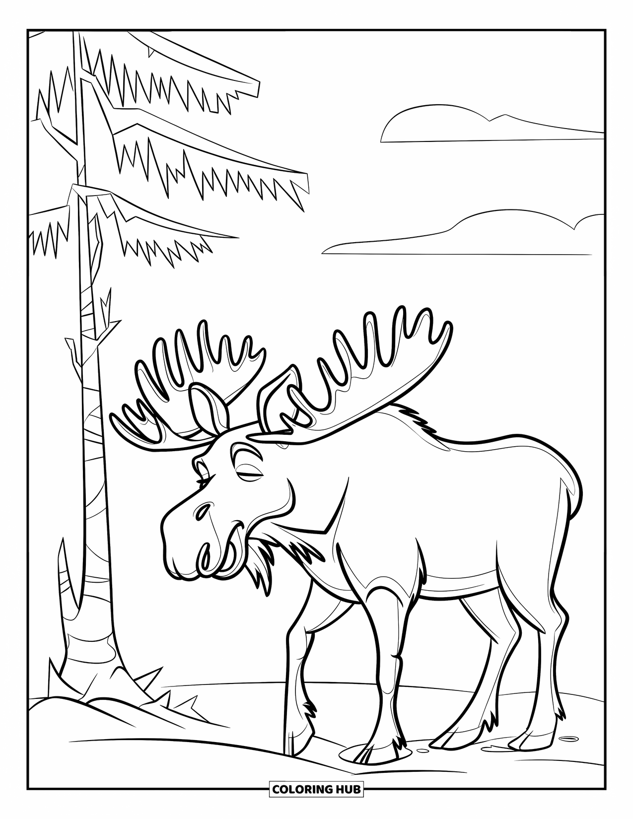 Moose Coloring Page for Kids: A moose stands near a frosty tree while soft snowflakes fall around it