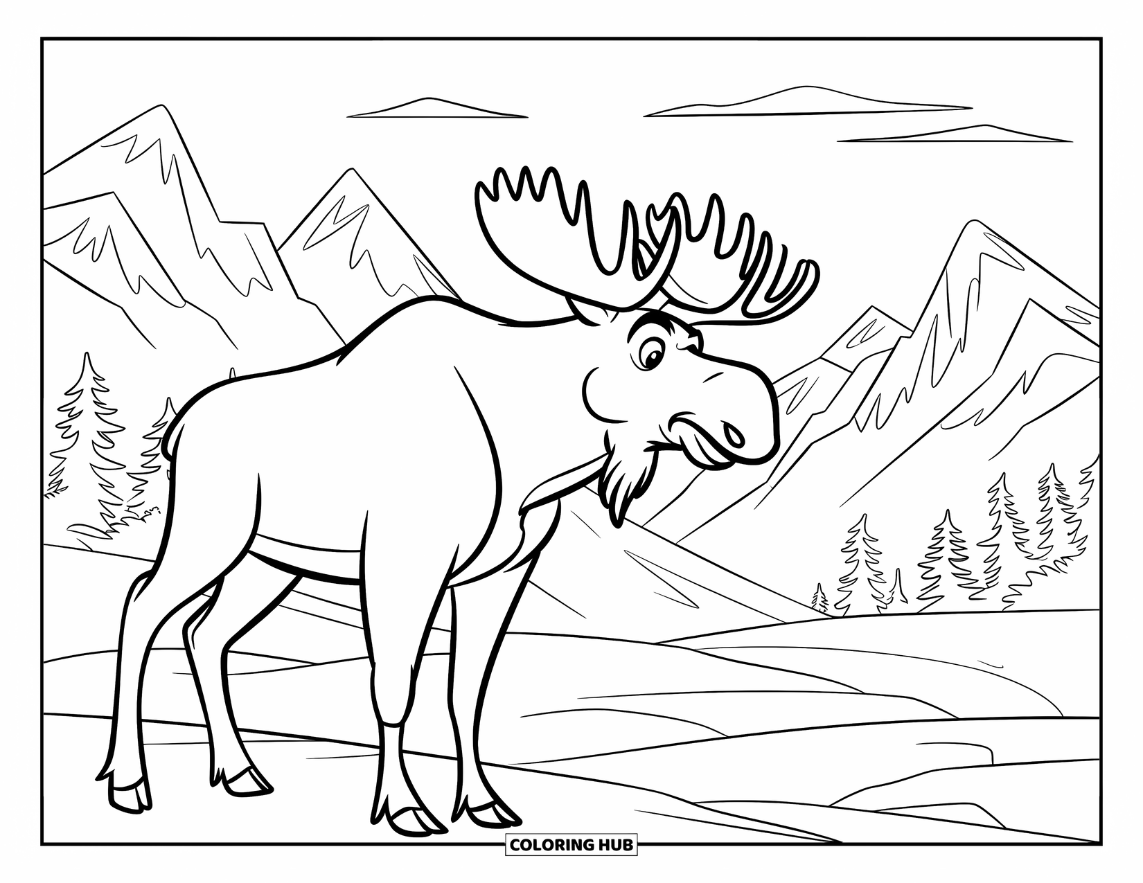 Moose Coloring Page for Kids: A moose stands on rocky ground, looking at tall, snowy mountains and trees
