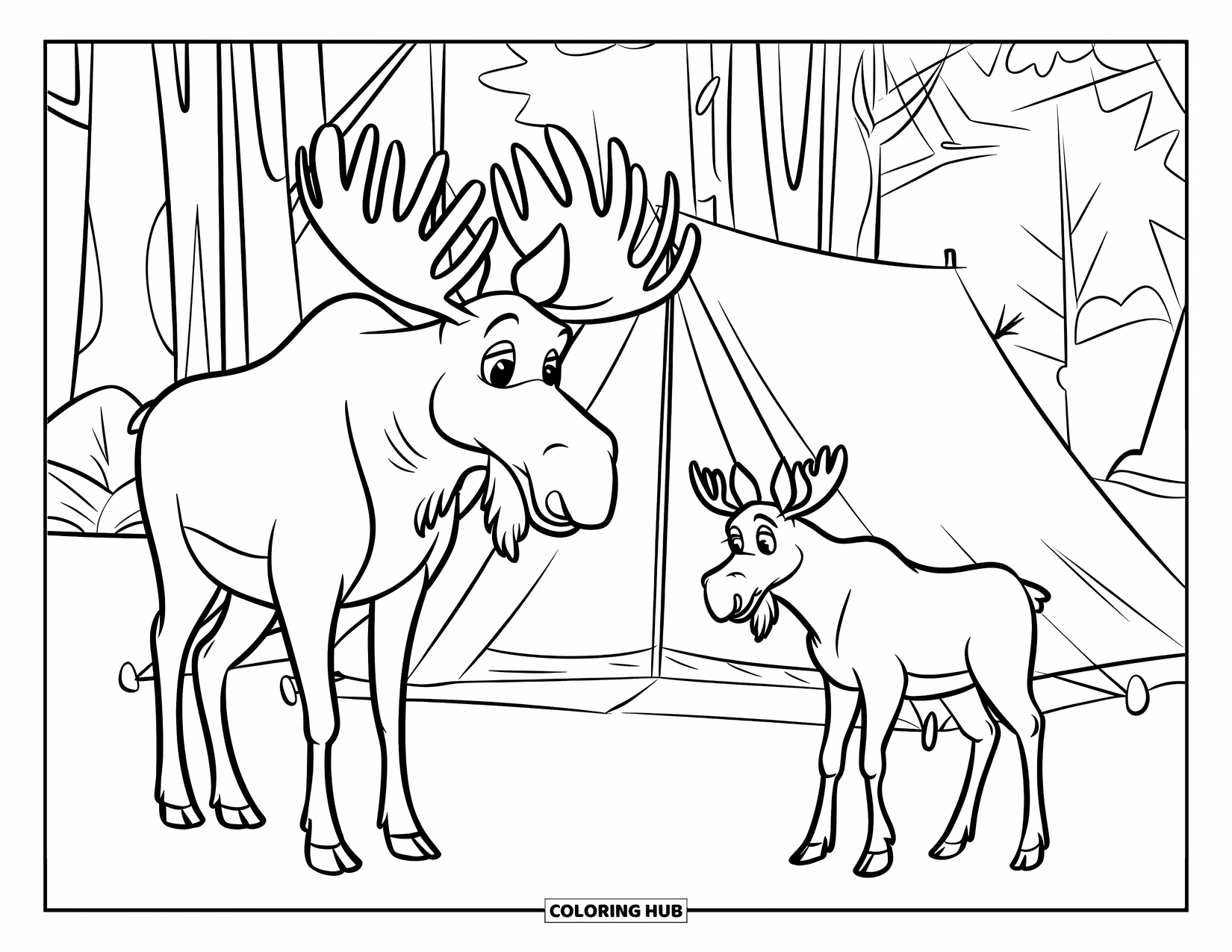 Moose Coloring Page for Kids: Adult moose and calf explore a forest campsite with a nearby tent