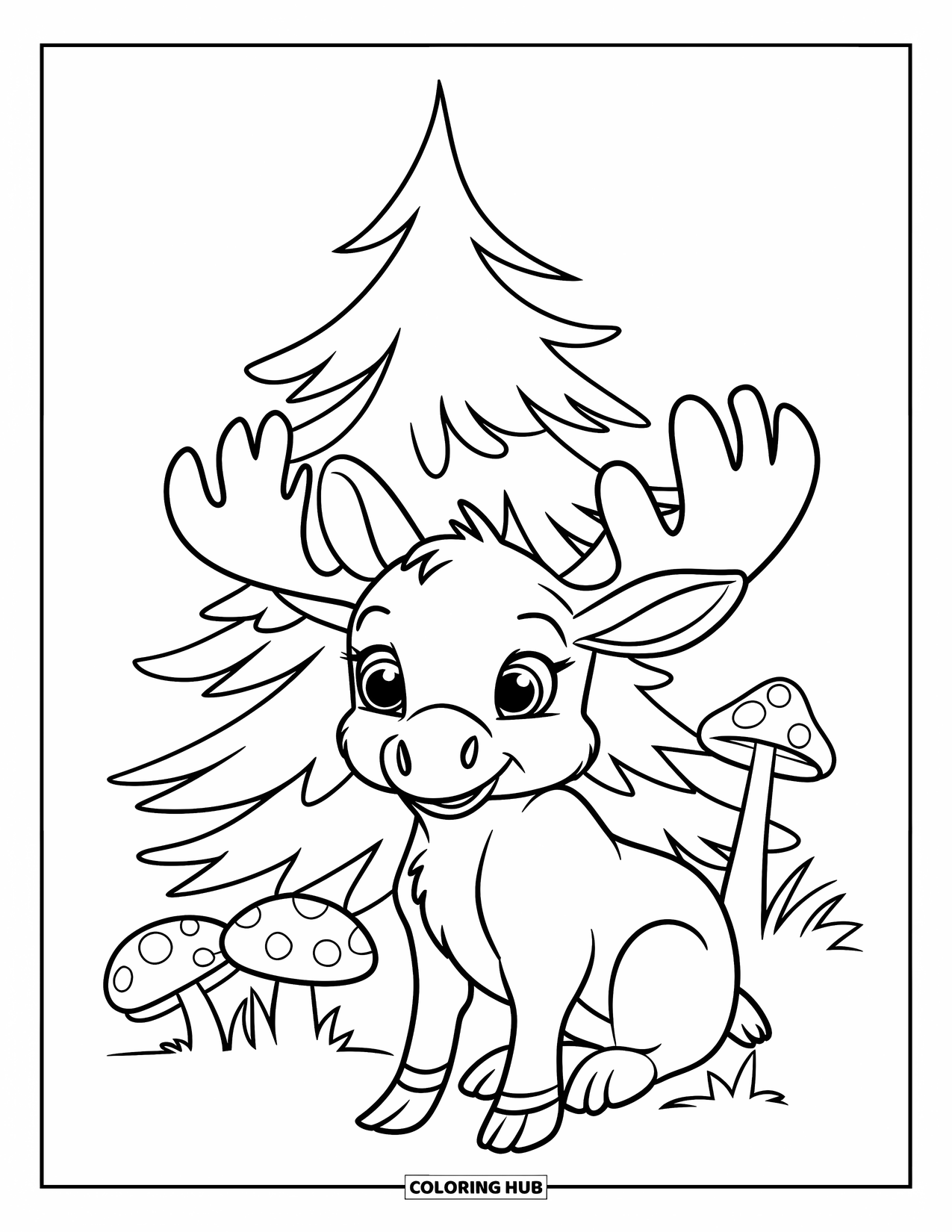 Moose Coloring Page for Kids: Cute baby moose sits near a tree and mushrooms in a clean, simple scene