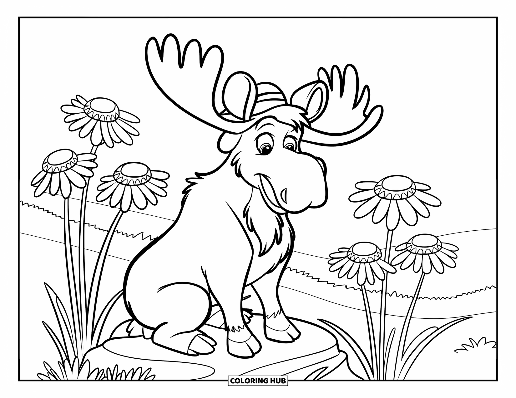 Moose Coloring Page for Kids: Fluffy moose sits on a rock beside tall flowers, wearing a cozy little hat