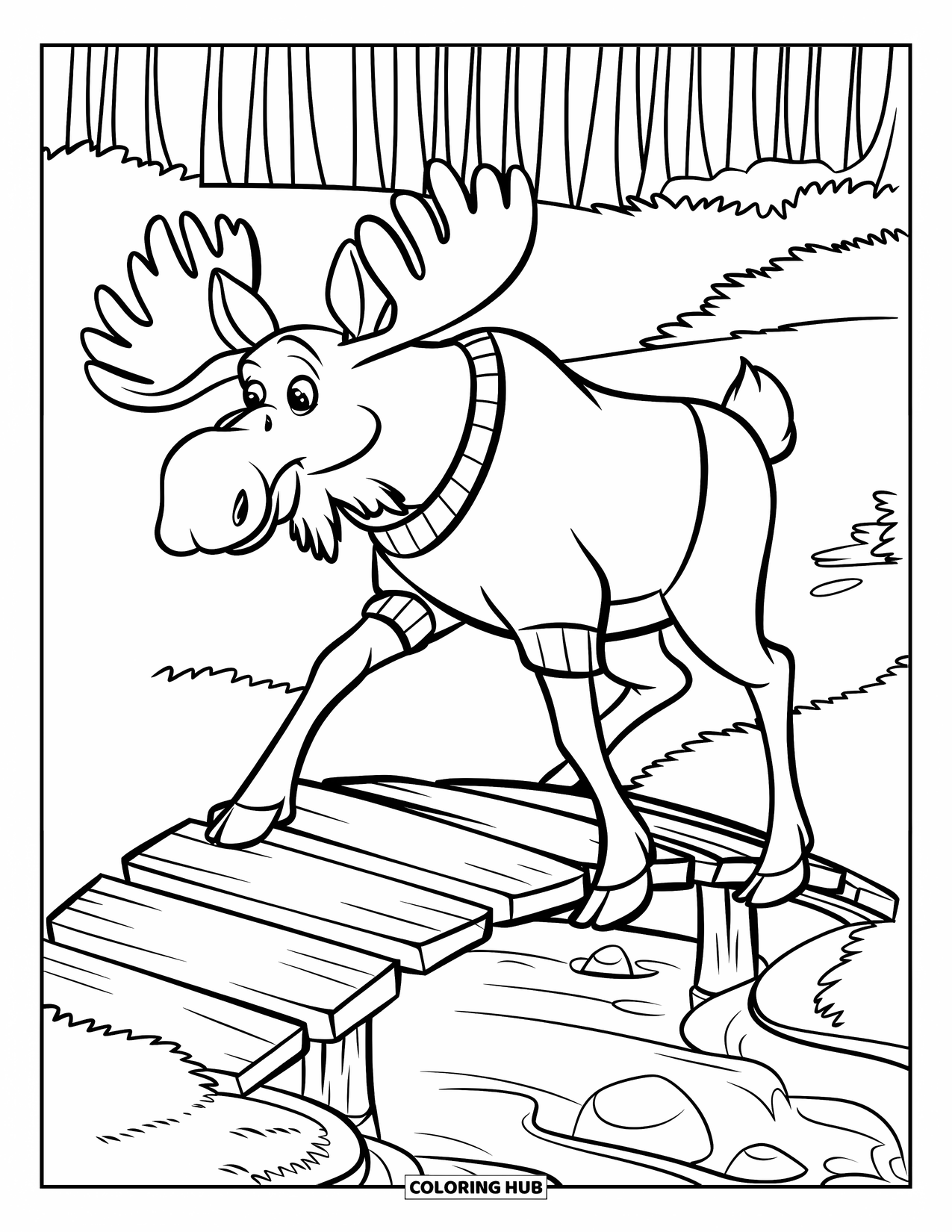 Moose Coloring Page for Kids: Friendly moose in a sweater crosses a wooden bridge with trees all around