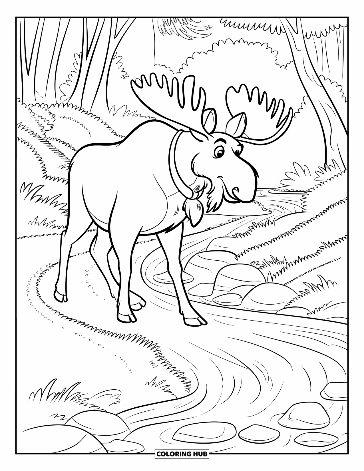 Moose Coloring Page for Kids: Furry moose with a collar strolls beside a rocky stream in a quiet forest