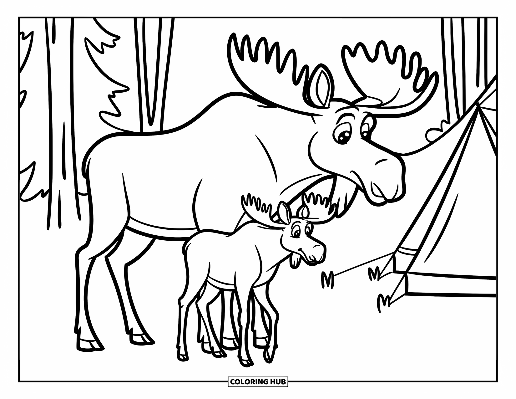 Moose Coloring Page for Kids: Moose family with a tent behind them stands quietly in the forest