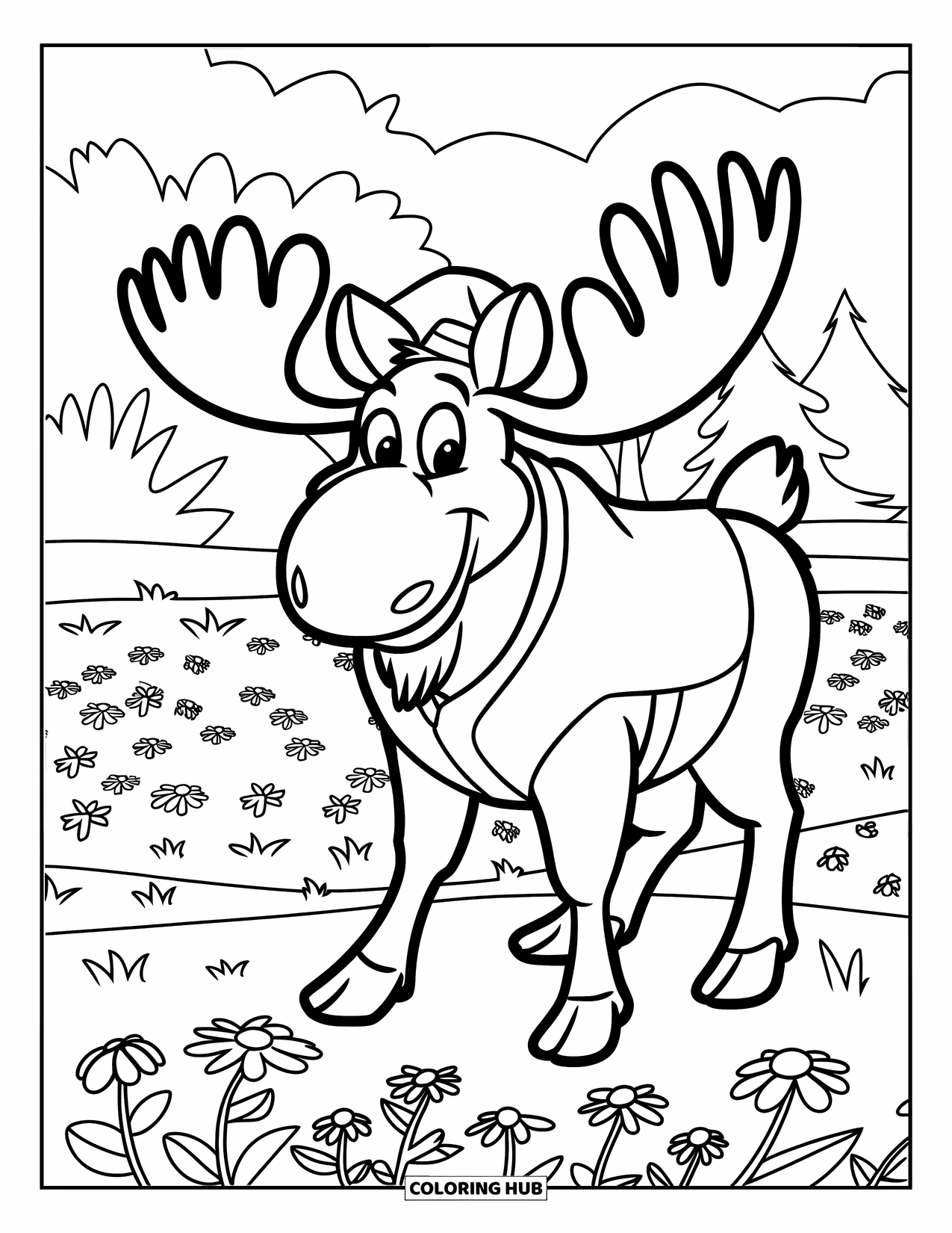Moose Coloring Page for Kids: Moose in a red vest and green hat stands in a field of flowers with trees behind