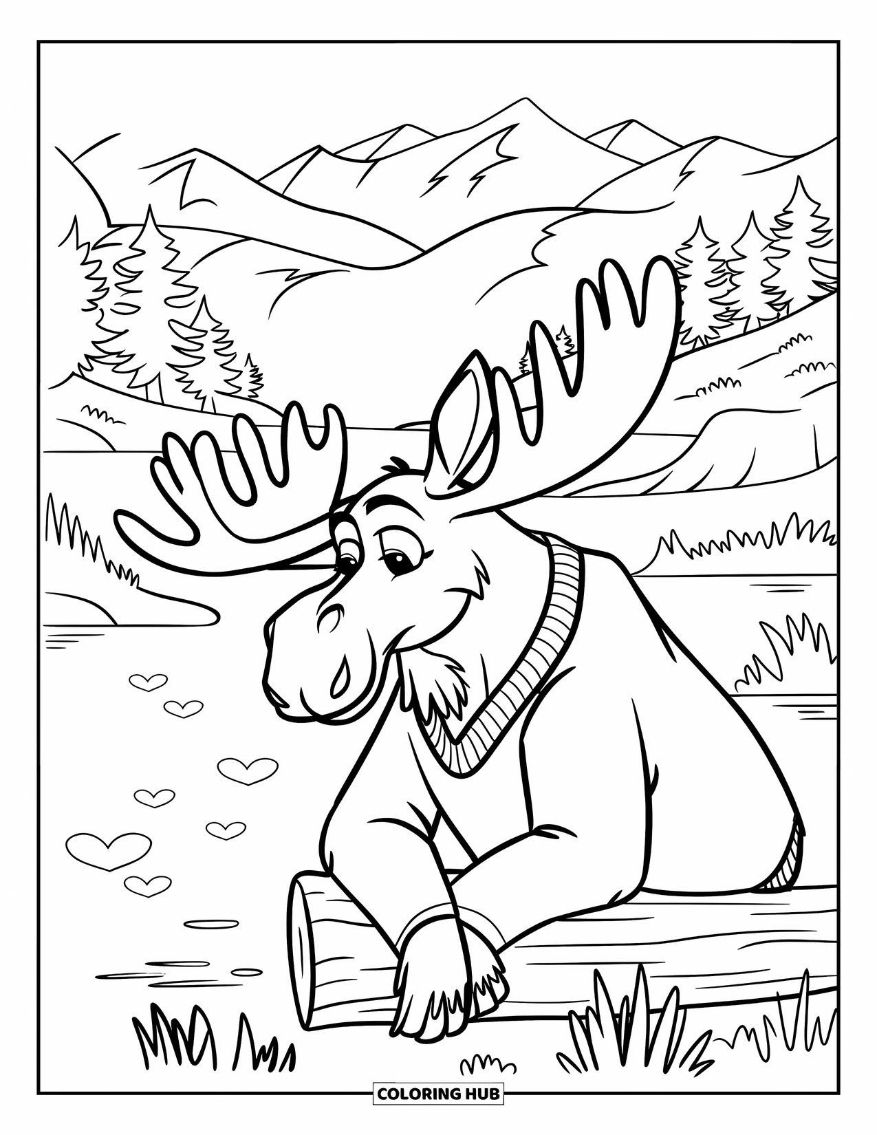 Moose Coloring Page for Kids: Moose in a sweater rests by a lake with floating hearts and mountain views