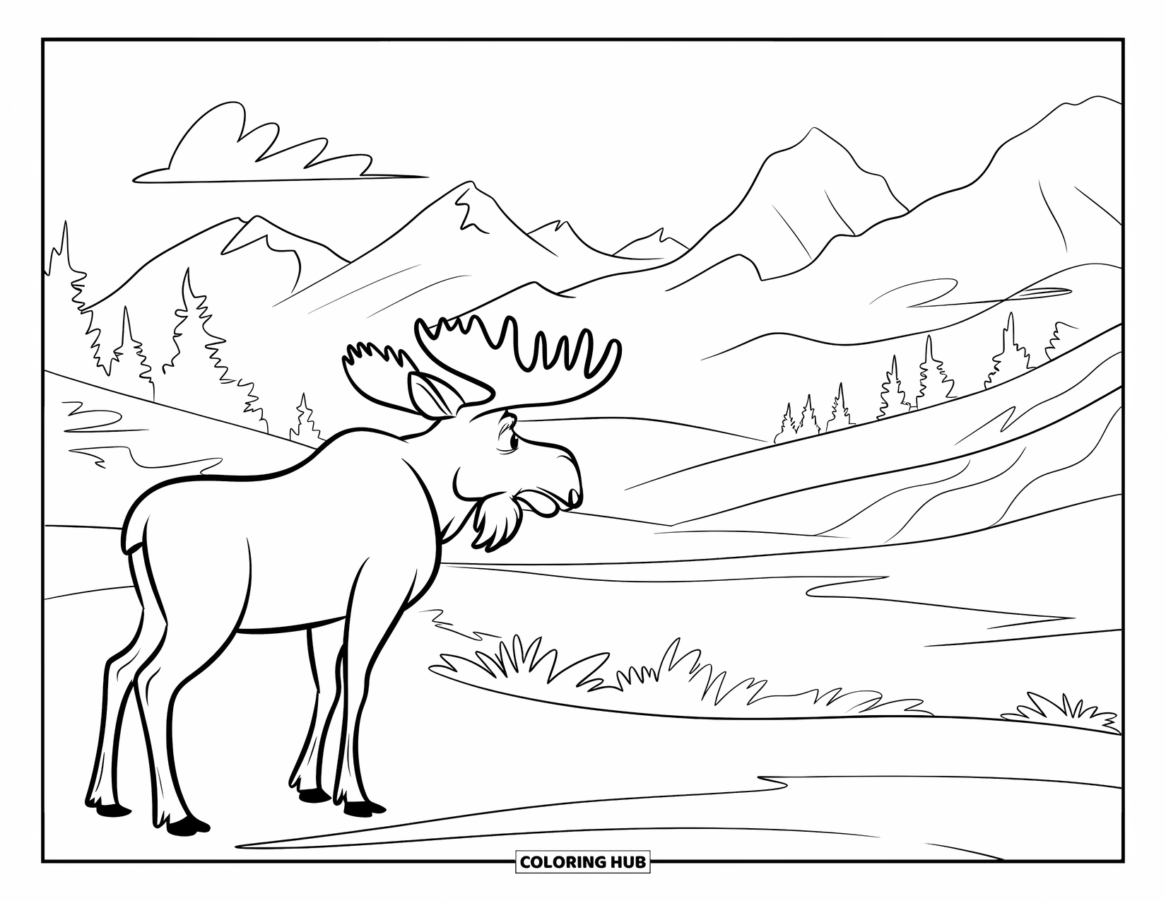 Moose Coloring Page for Kids: Moose looks out at mountain views while standing in a quiet forest