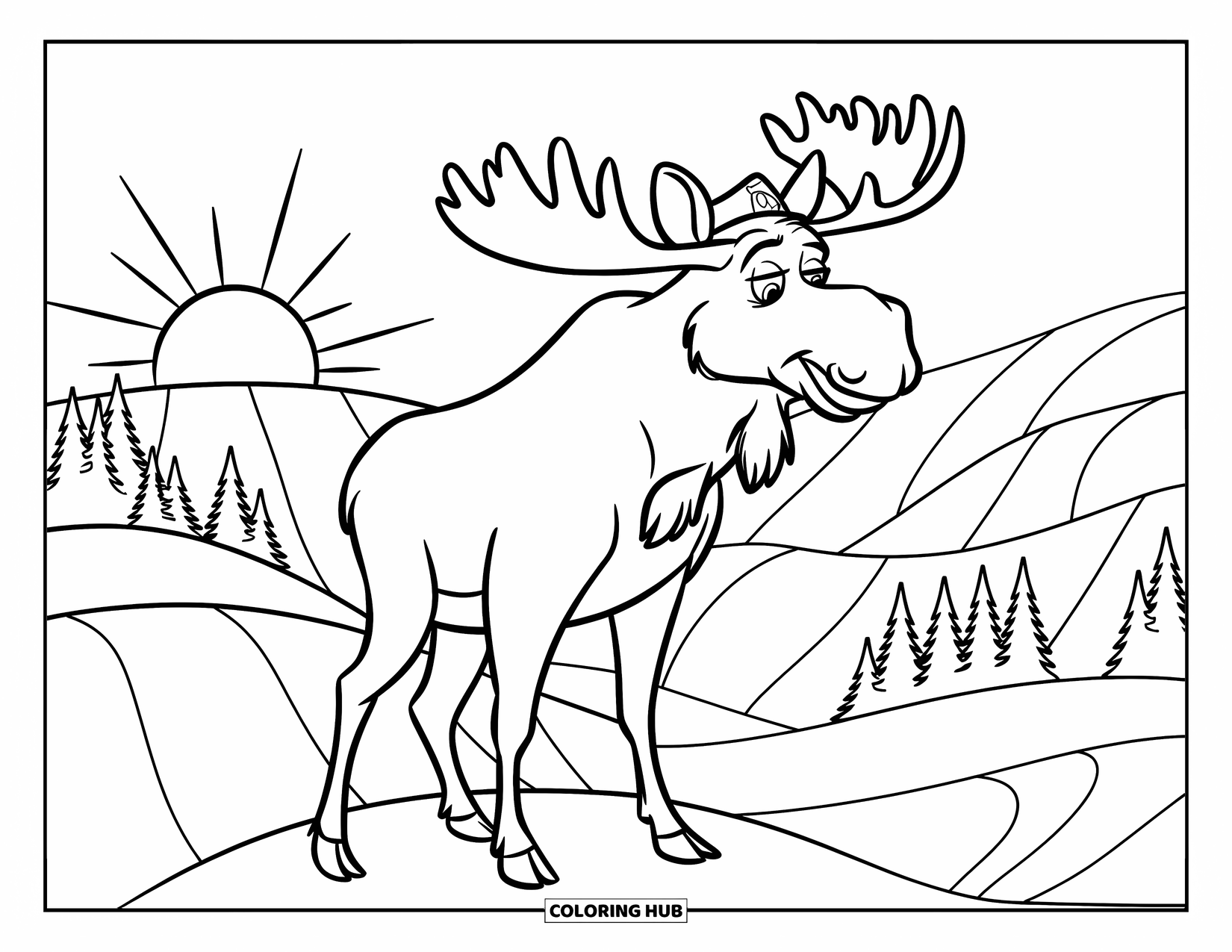 Moose Coloring Page for Kids: Moose stands peacefully on a ridge as the sun rises behind pine-covered hills
