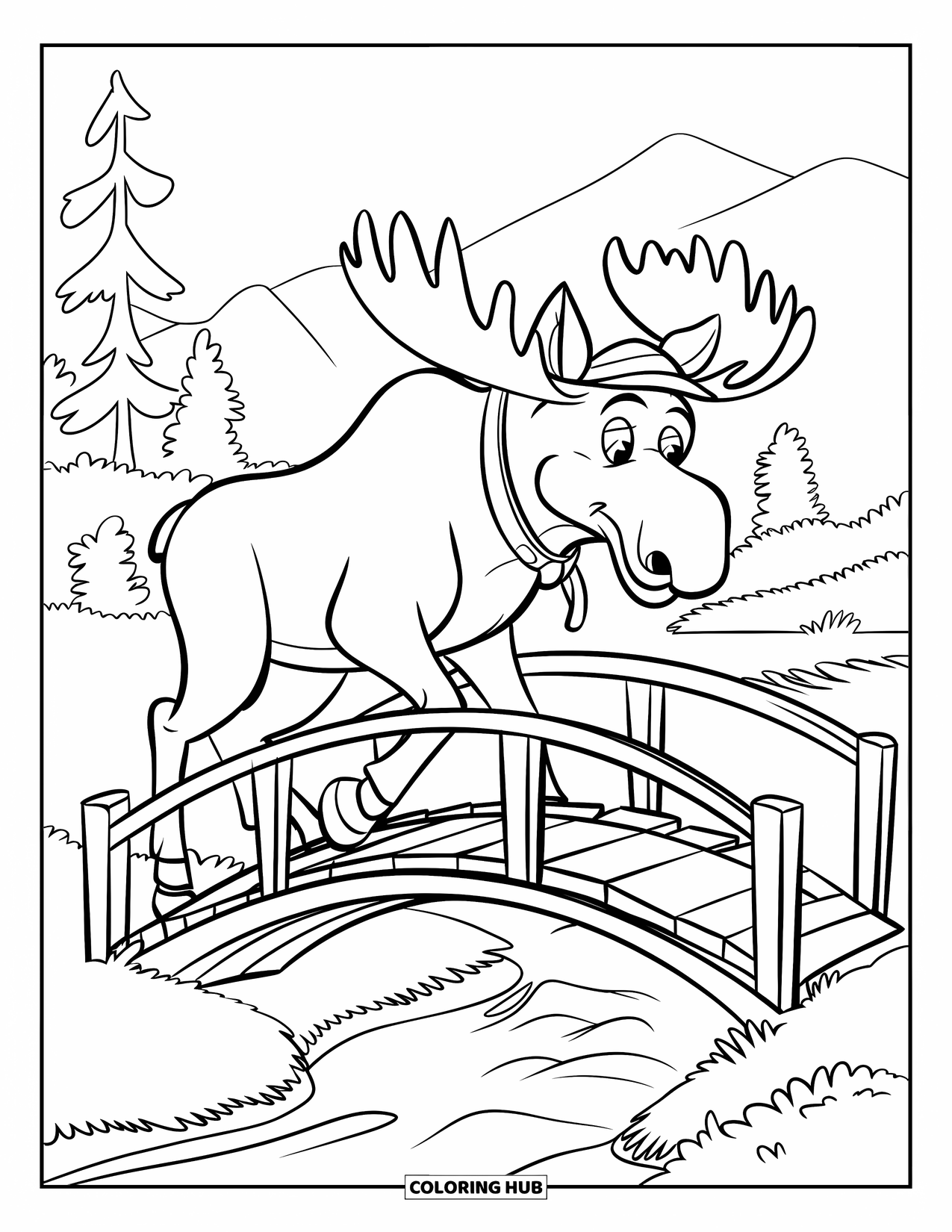 Moose Coloring Page for Kids: Moose with a hat crosses a wooden bridge over a peaceful stream