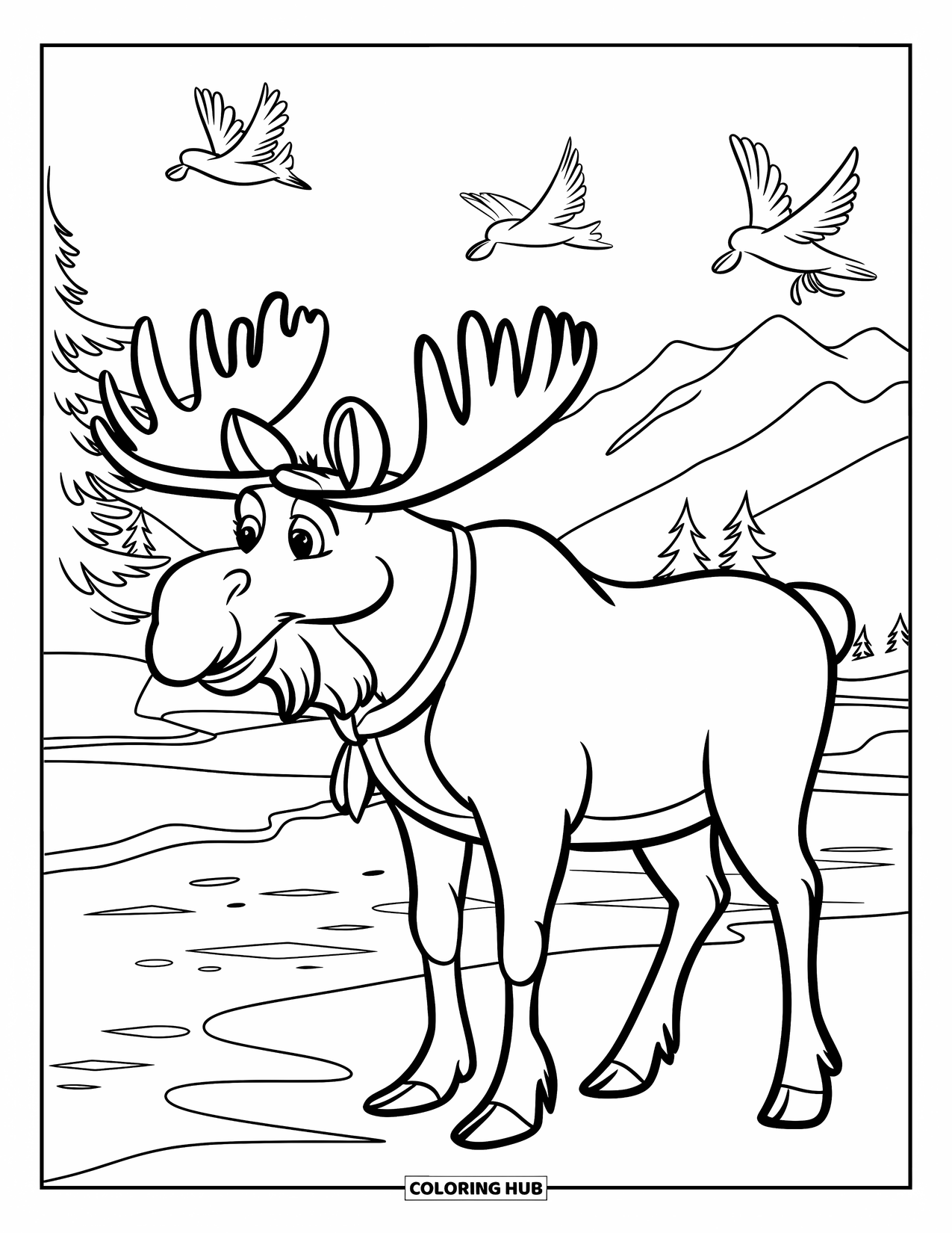 Moose Coloring Page for Kids: Moose with a hat stands near a calm river as birds fly overhead