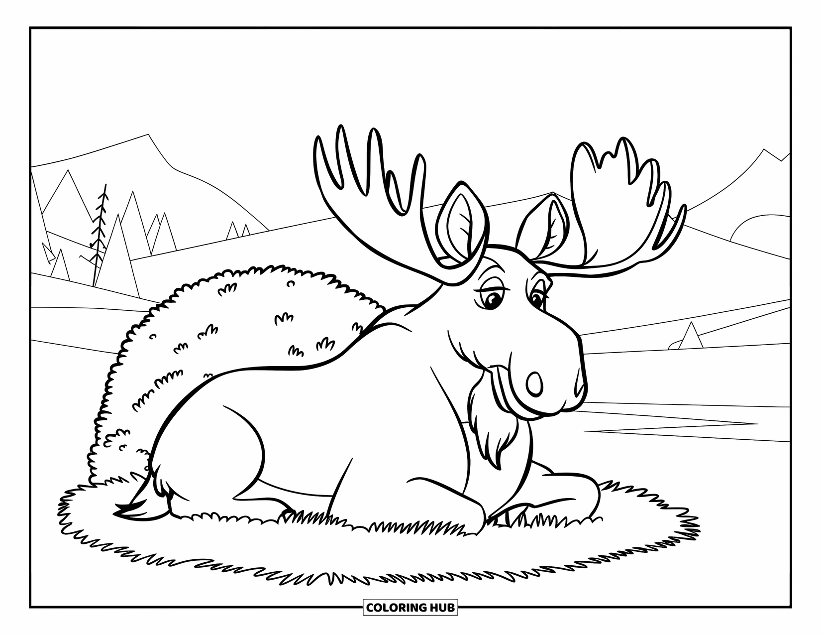 Moose Coloring Page for Kids: Moose with big antlers rests by a round bush in a peaceful mountain scene