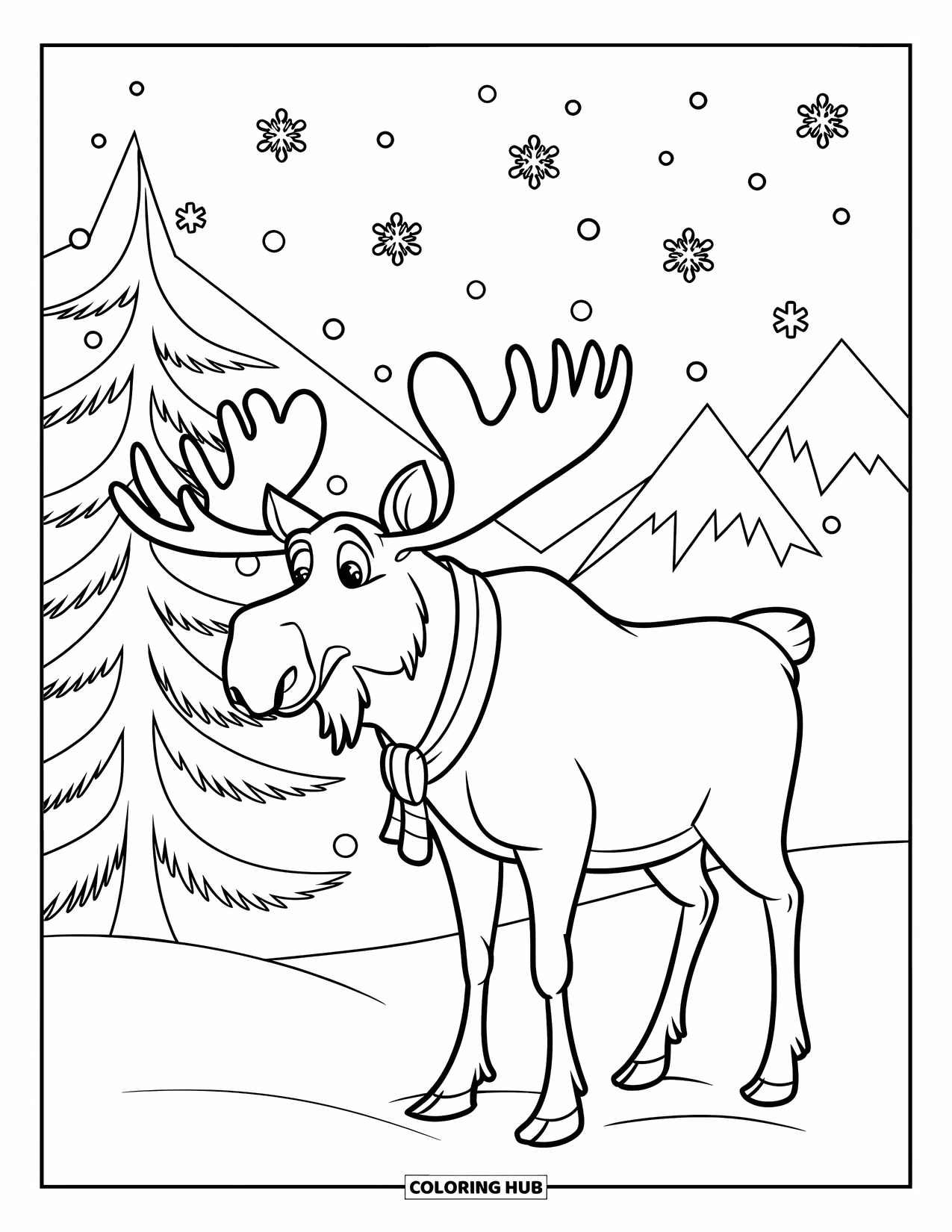 Moose Coloring Page for Kids: Moose with heart-shaped antlers stands in falling snow near a frozen tree