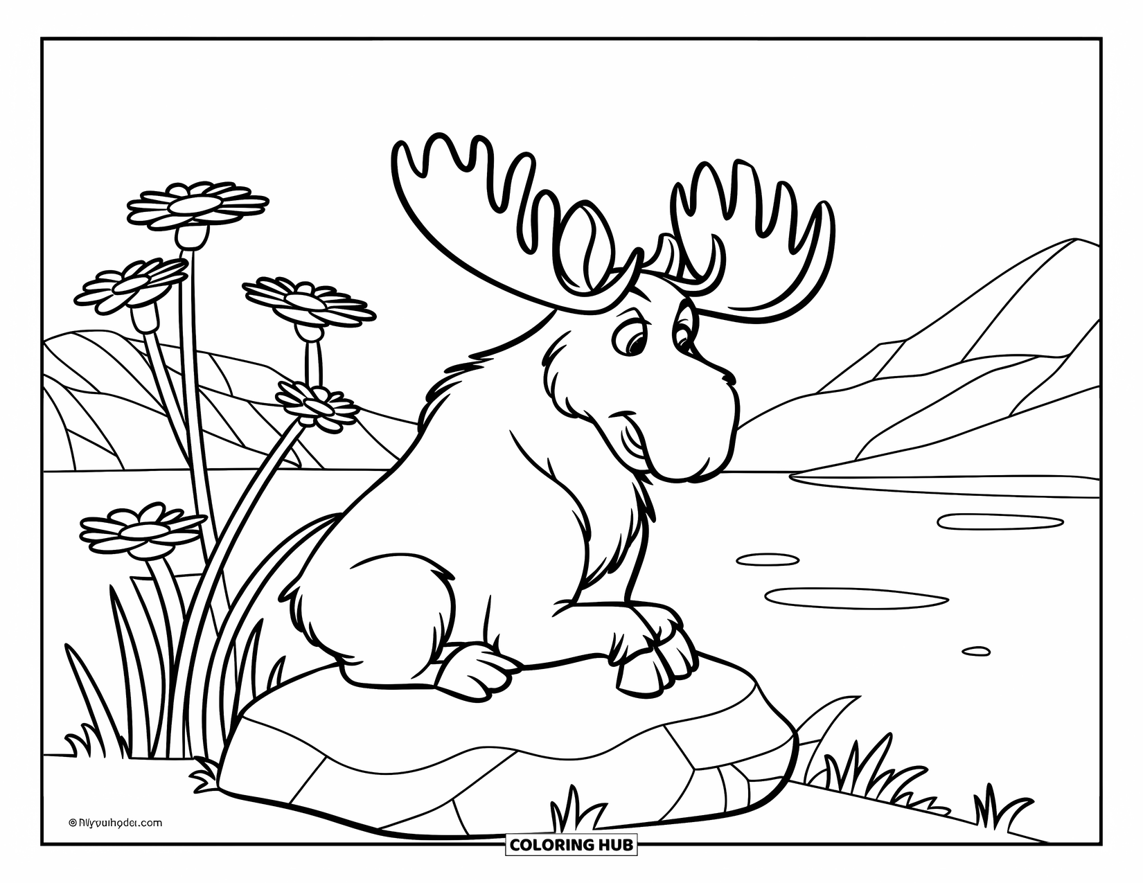 Moose Coloring Page for Kids: Moose with long legs rests by a lake and tall flowers in a calm scene