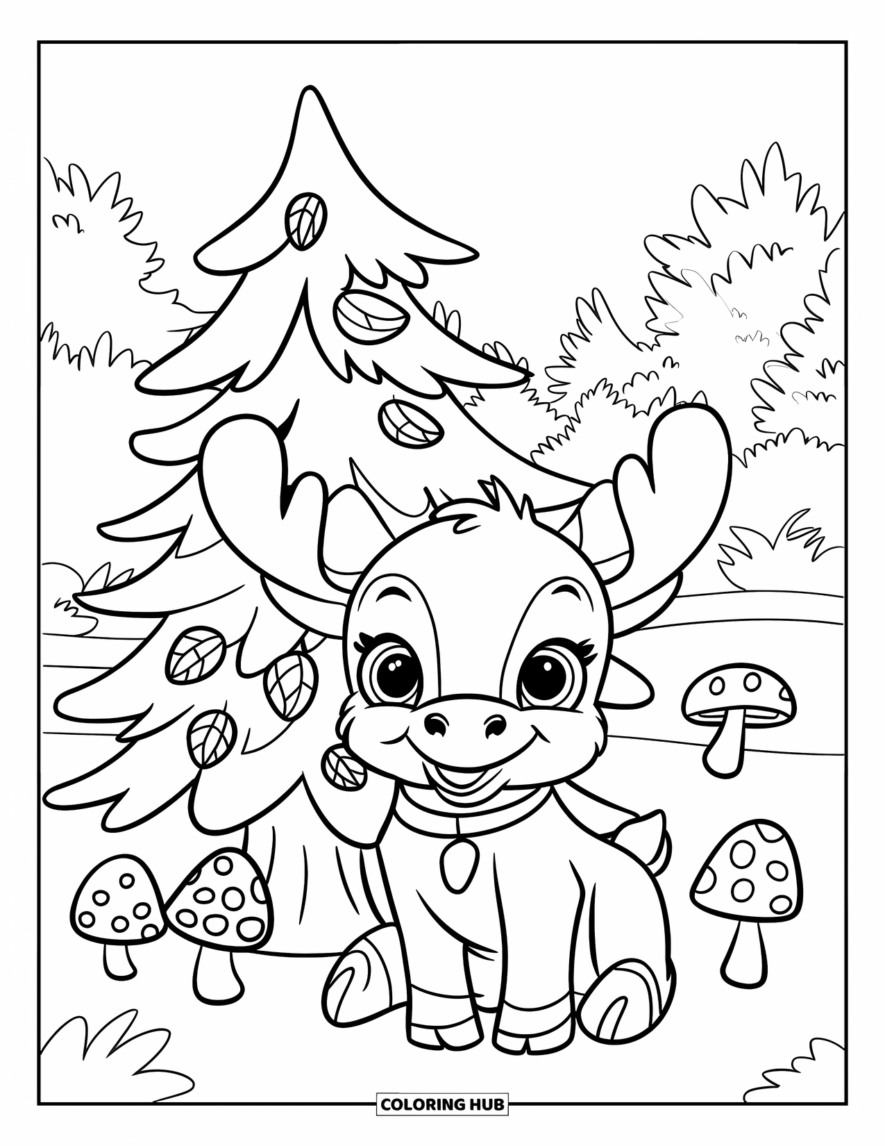 Moose Coloring Page for Kids: Smiling baby moose in a collar sits by a pine tree and cheerful mushrooms