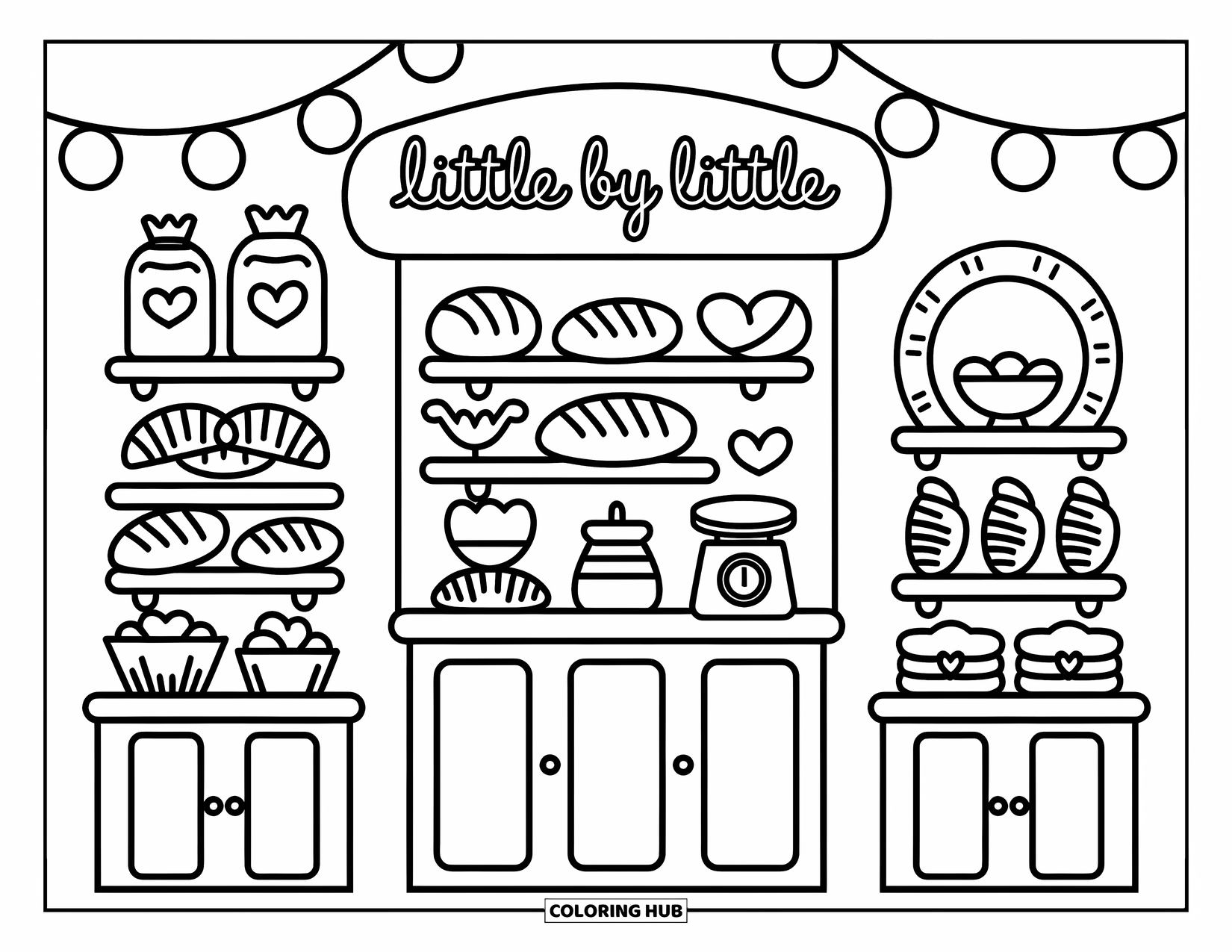 Motivational Coloring Page for Adults: A cozy bakery corner with pastries and "Little by Little" written above