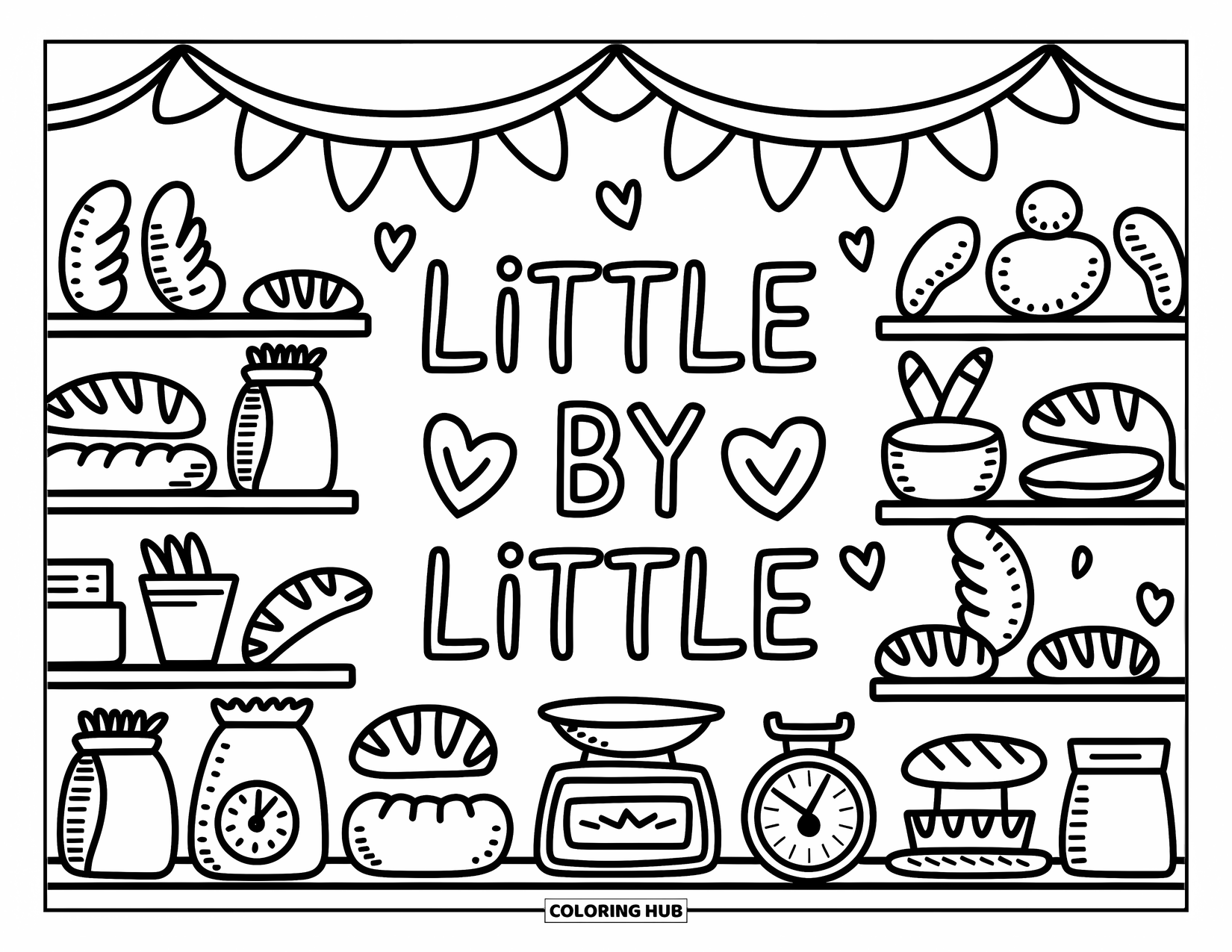 Motivational Coloring Page for Adults: A sweet bakery shelf scene topped with "Little by Little" in playful letters