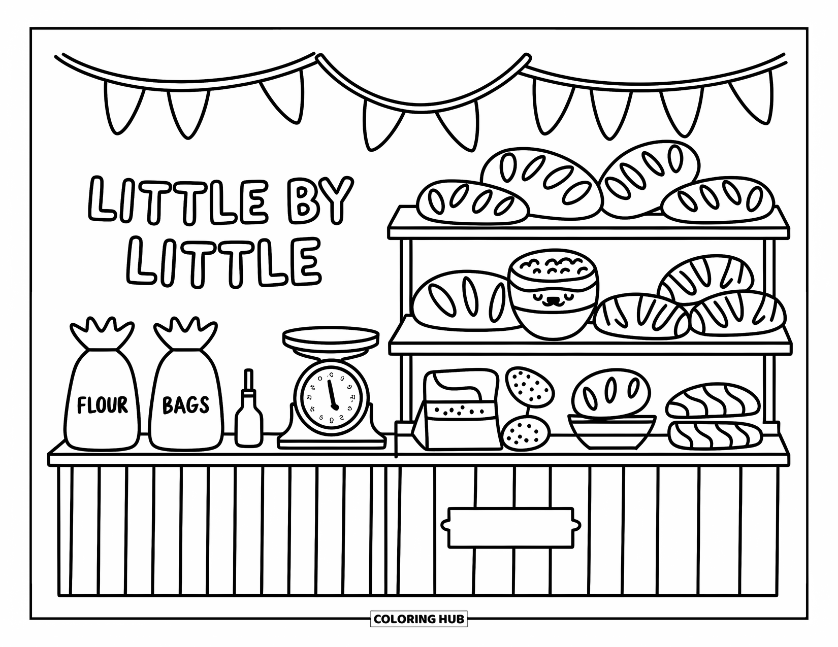Motivational Coloring Page for Adults: A warm little bakery scene with pastries and the phrase "Little by Little"
