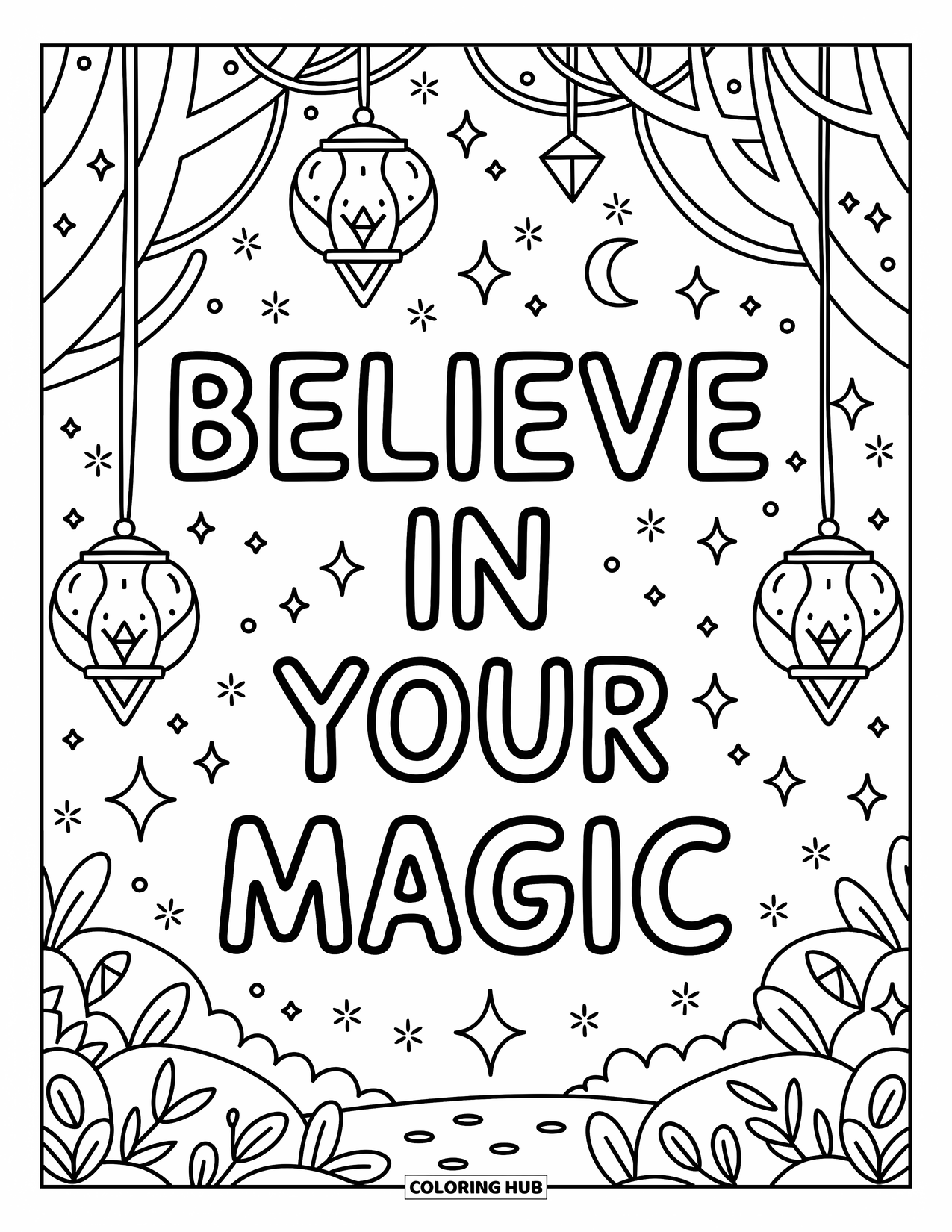 Motivational Coloring Page for Adults: Hanging lanterns and sparkles surround "Believe in Your Magic" in a cozy forest