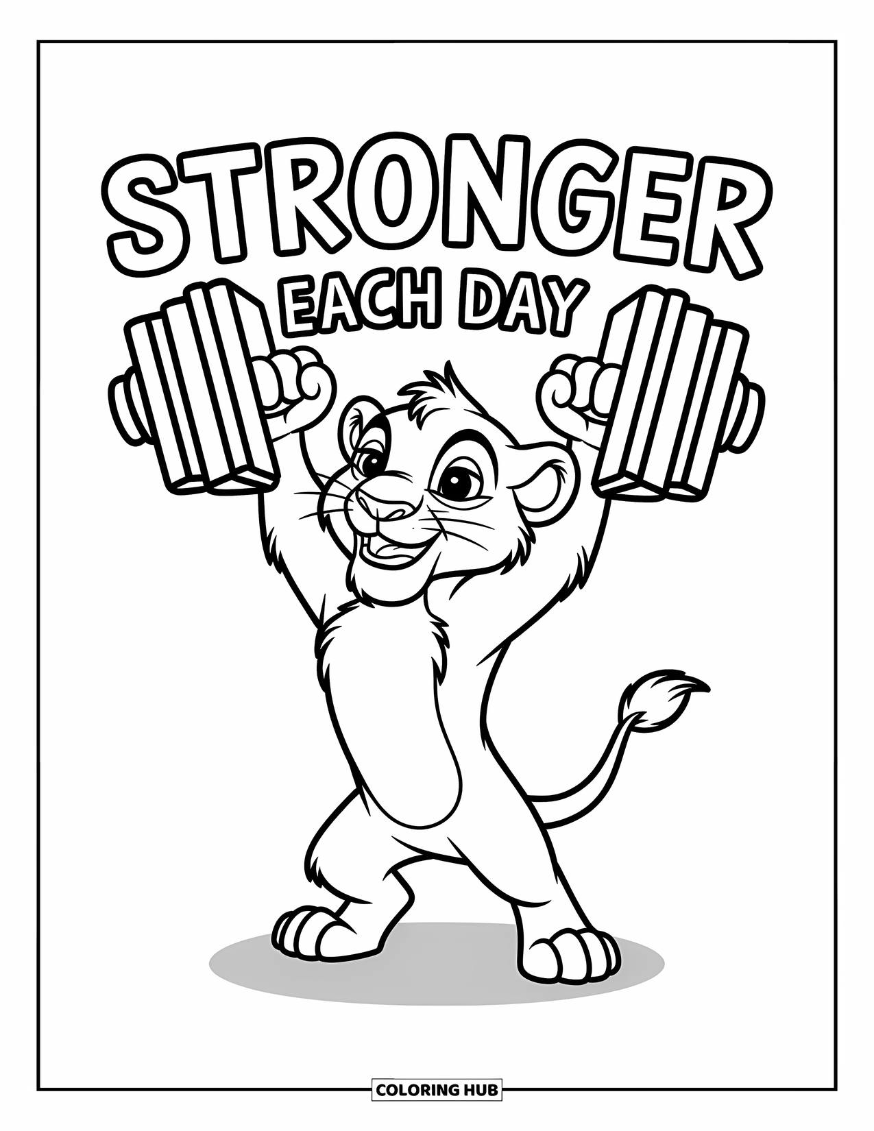 Motivational Coloring Page for Kids: A brave lion lifts a book beneath the phrase "Stronger Each Day"