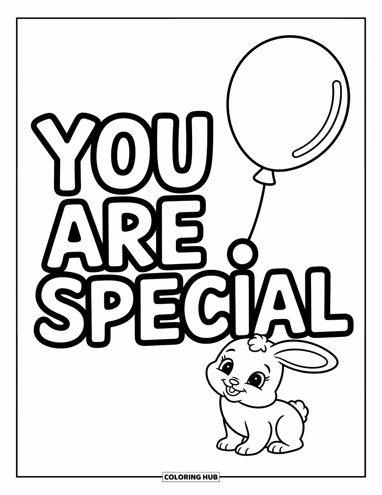 Motivational Coloring Page for Kids: A cheerful bunny floats a balloon with "You Are Special" above