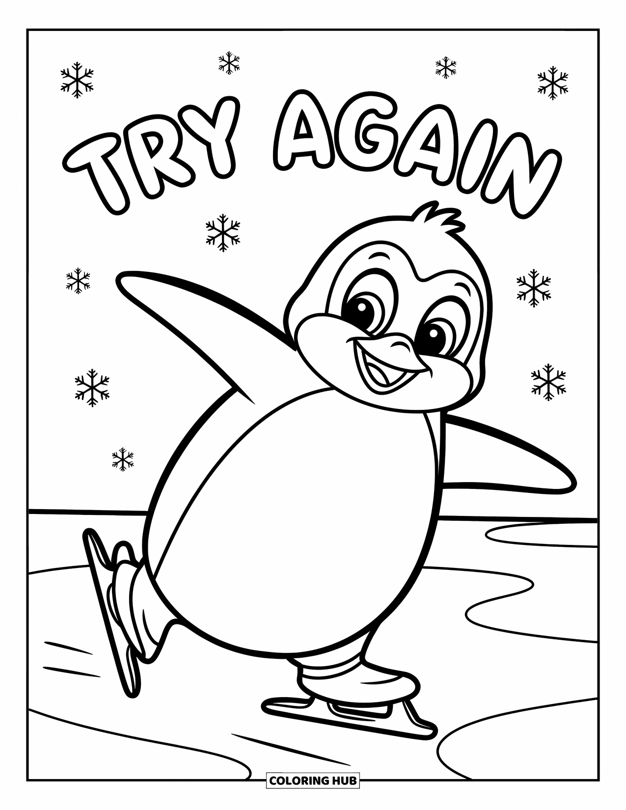 Motivational Coloring Page for Kids: A cheerful penguin skates with joy under big letters saying "Try Again"