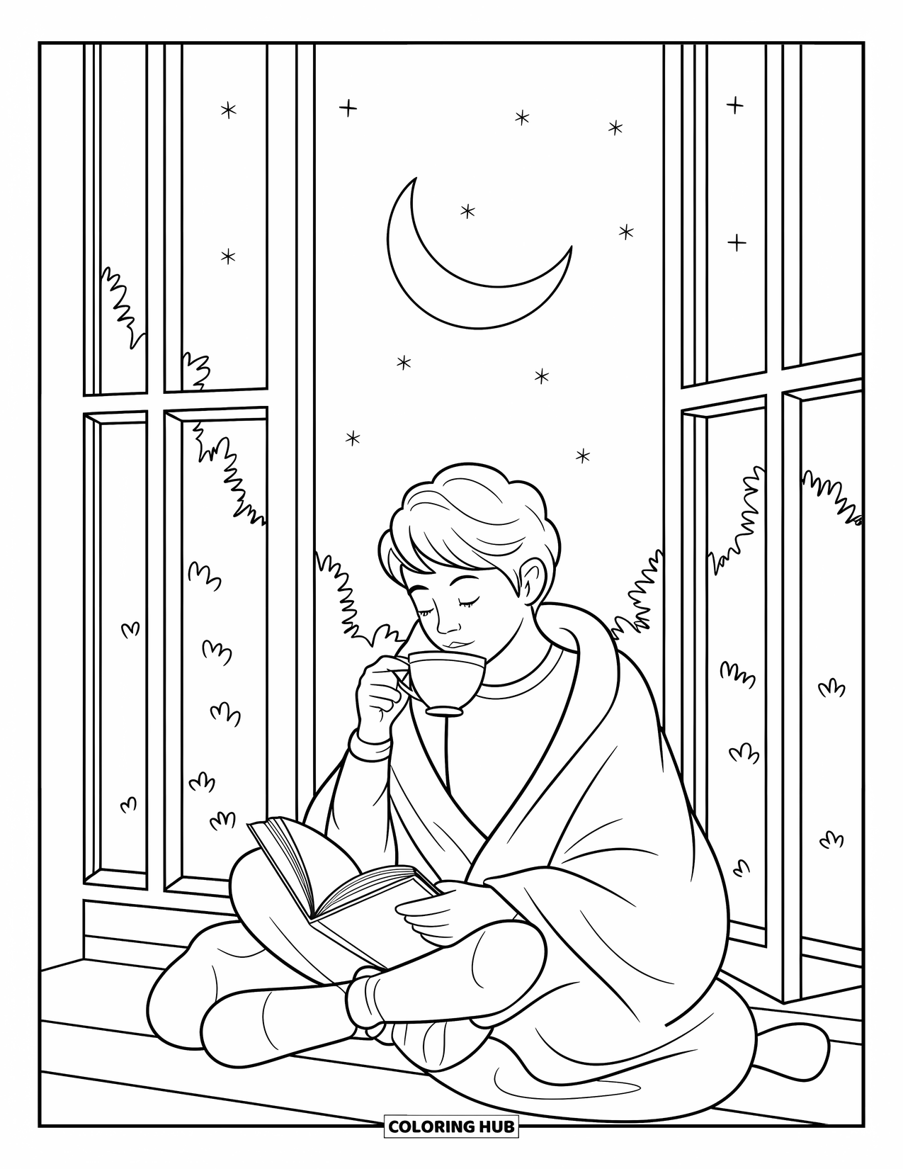 Motivational Coloring Page for Kids: A cozy scene with tea, a blanket, and a book under moonlight