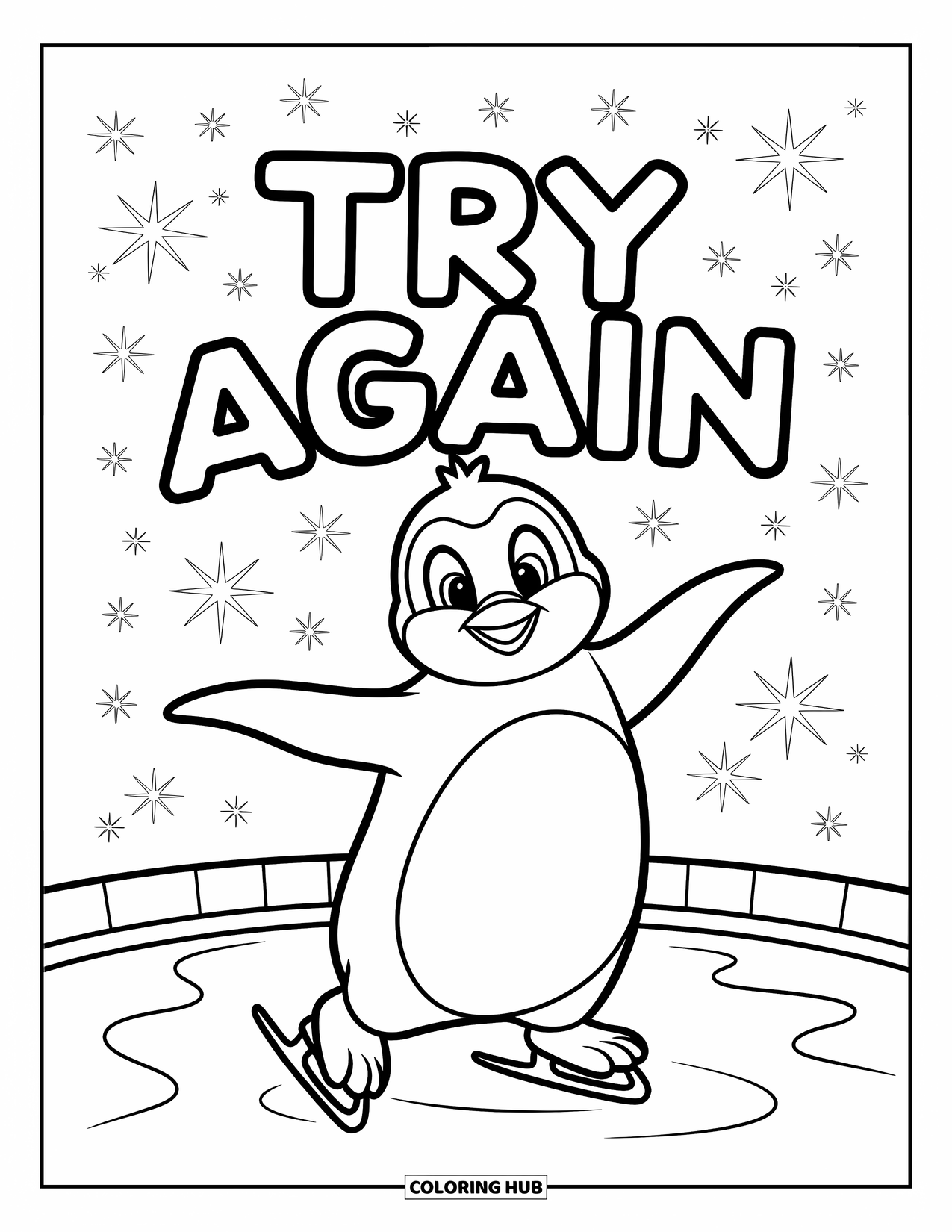 Motivational Coloring Page for Kids: A proud penguin glides with a smile under the phrase "Try Again"