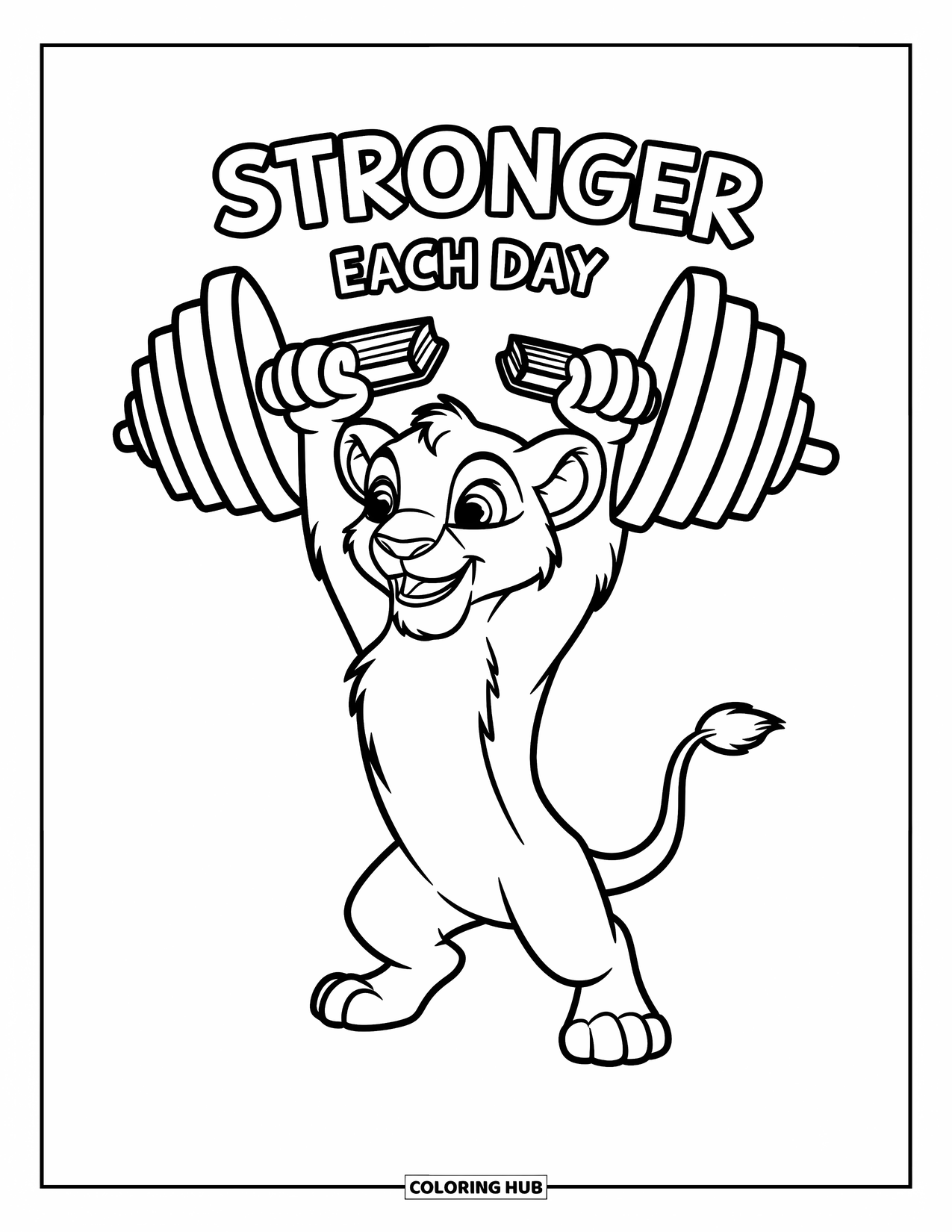 Motivational Coloring Page for Kids: A strong lion holds up a book with "Stronger Each Day" shining above