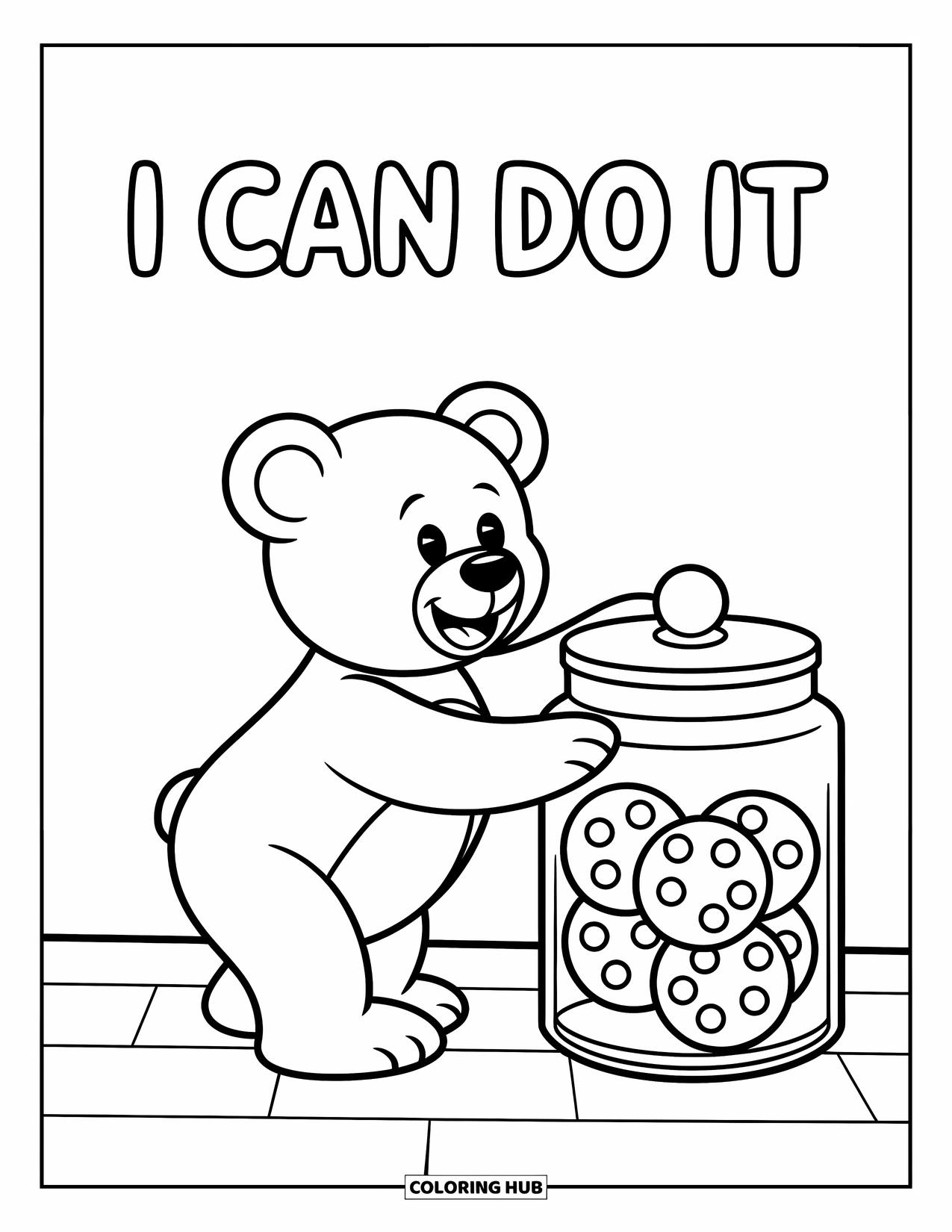 Motivational Coloring Page for Kids: A teddy bear reaches for cookies under the words "I Can Do It"