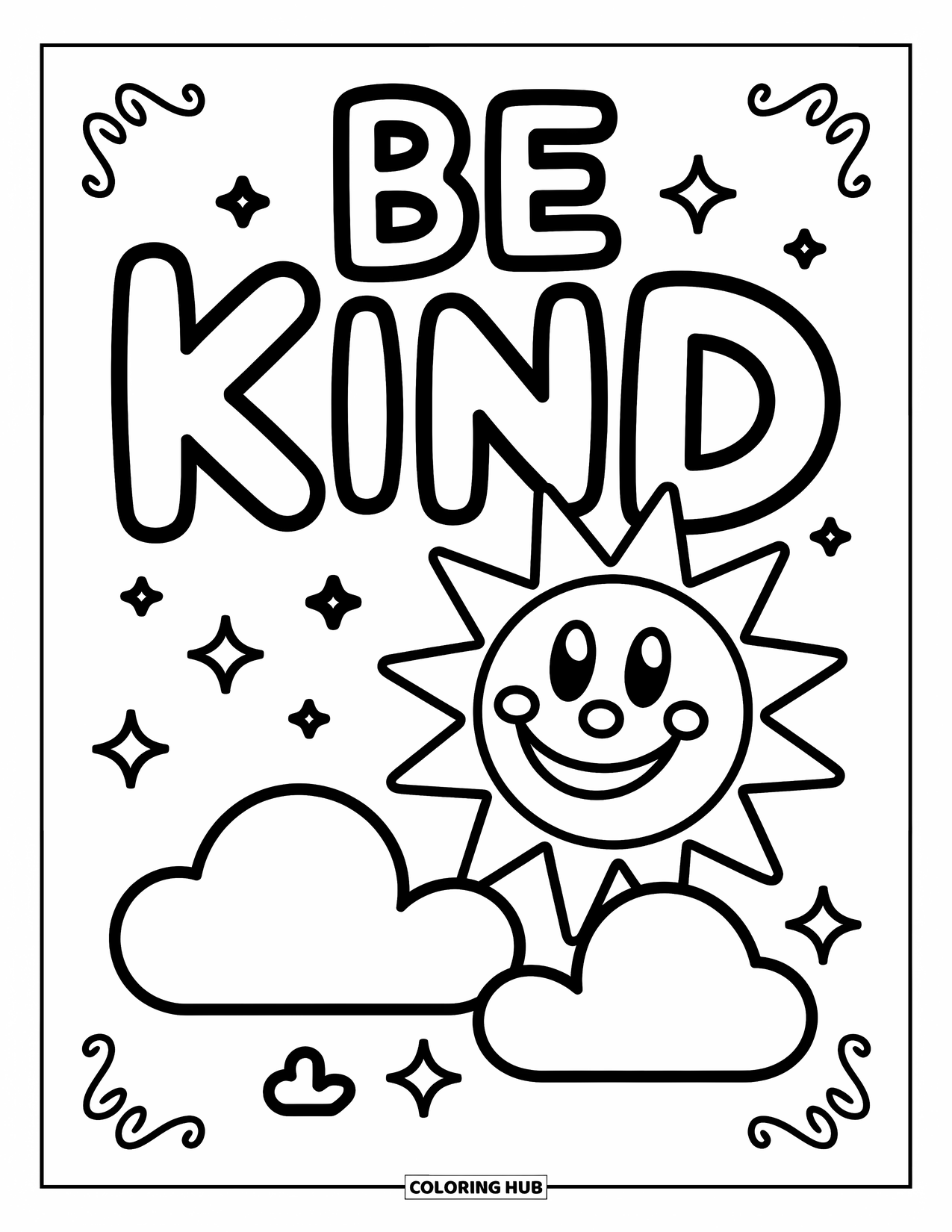 Motivational Coloring Page for Kids: "Be Kind" floats above a sun and two cuddly clouds