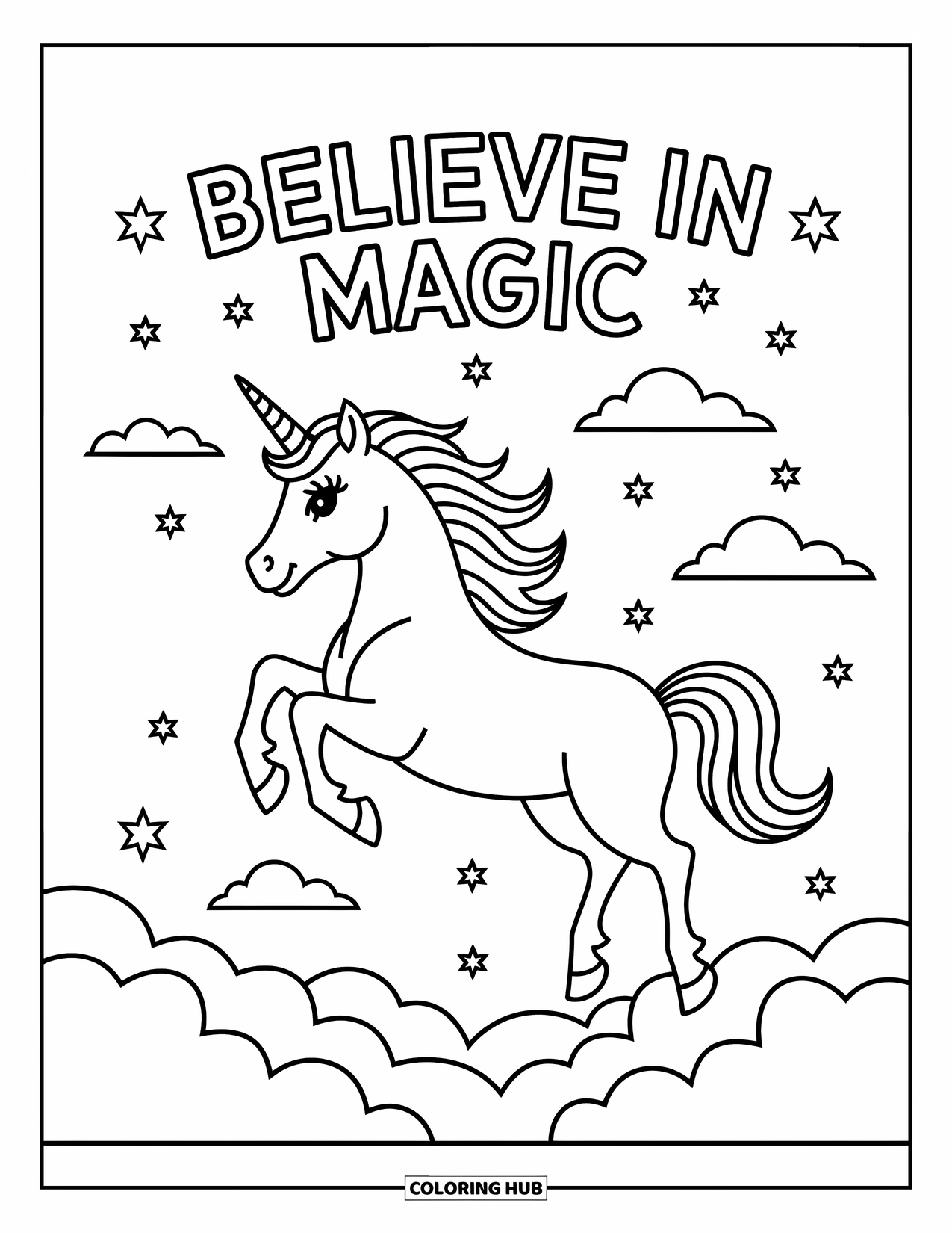 Motivational Coloring Page for Kids: "Believe in Magic" floats above a unicorn and fluffy clouds