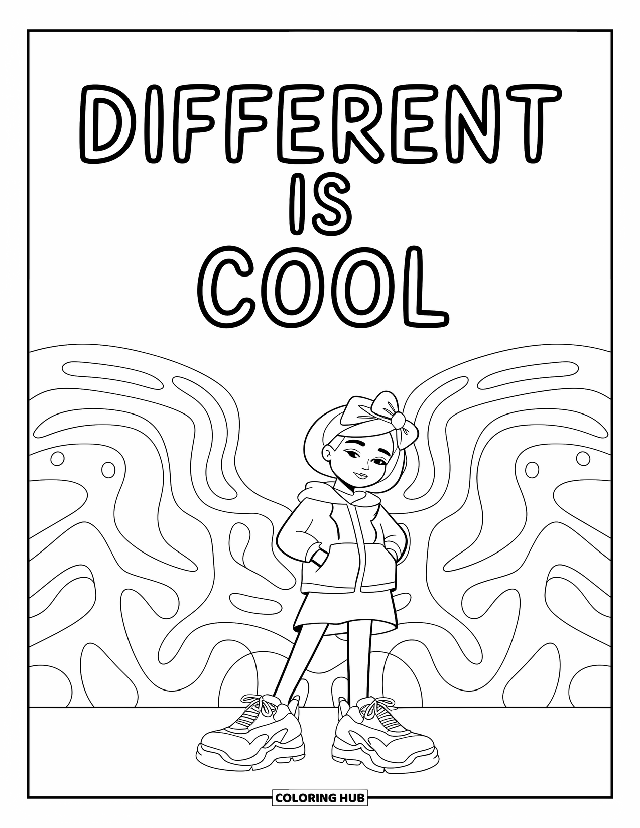Motivational Coloring Page for Kids: "Different is Cool" shines above a confident character in mismatched shoes