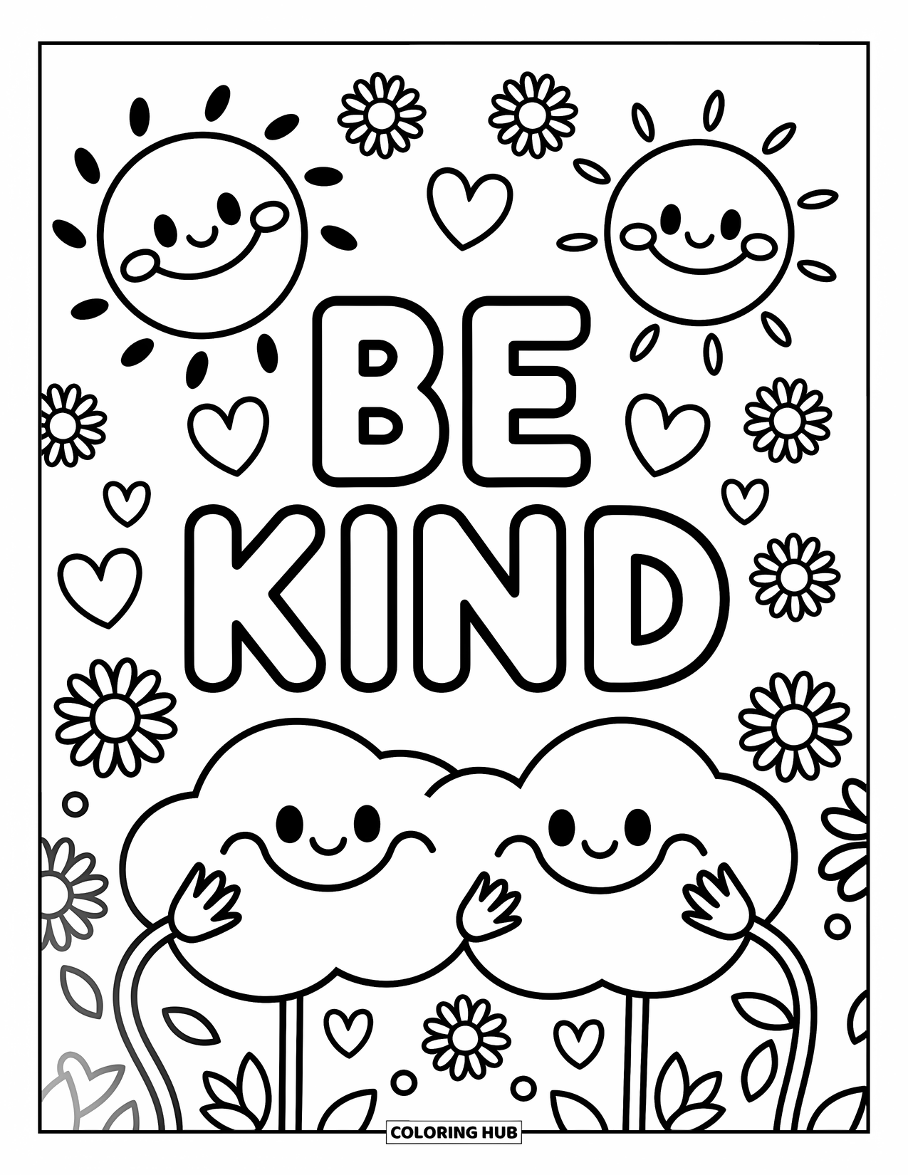 Motivational Coloring Page for Kids: Two hugging clouds and a happy sun smile under "Be Kind"