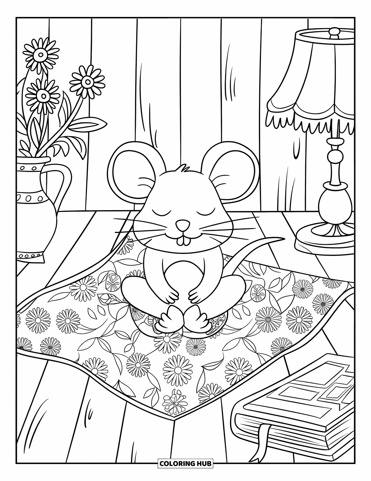 Mouse Coloring Page for Adults: A calm mouse meditates on a quilt with flowers, beside a lamp and a small book